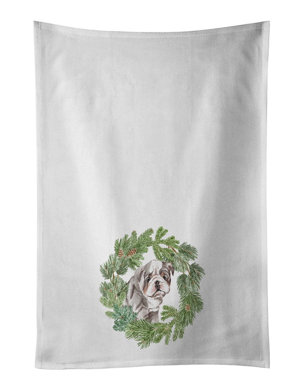 Bulldog Lilac Puppy Christmas Wreath Kitchen Towel Set of 2 White Dish Towels Decorative Bathroom Hand towel for Hand, Face, Hair, Yoga, Tea, Dishcloth, 19 X 28", White