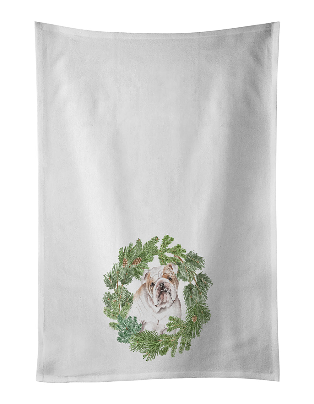Bulldog Fawn Head Tilt Christmas Wreath Kitchen Towel Set of 2 White Dish Towels Decorative Bathroom Hand towel for Hand, Face, Hair, Yoga, Tea, Dishcloth, 19 X 28", White