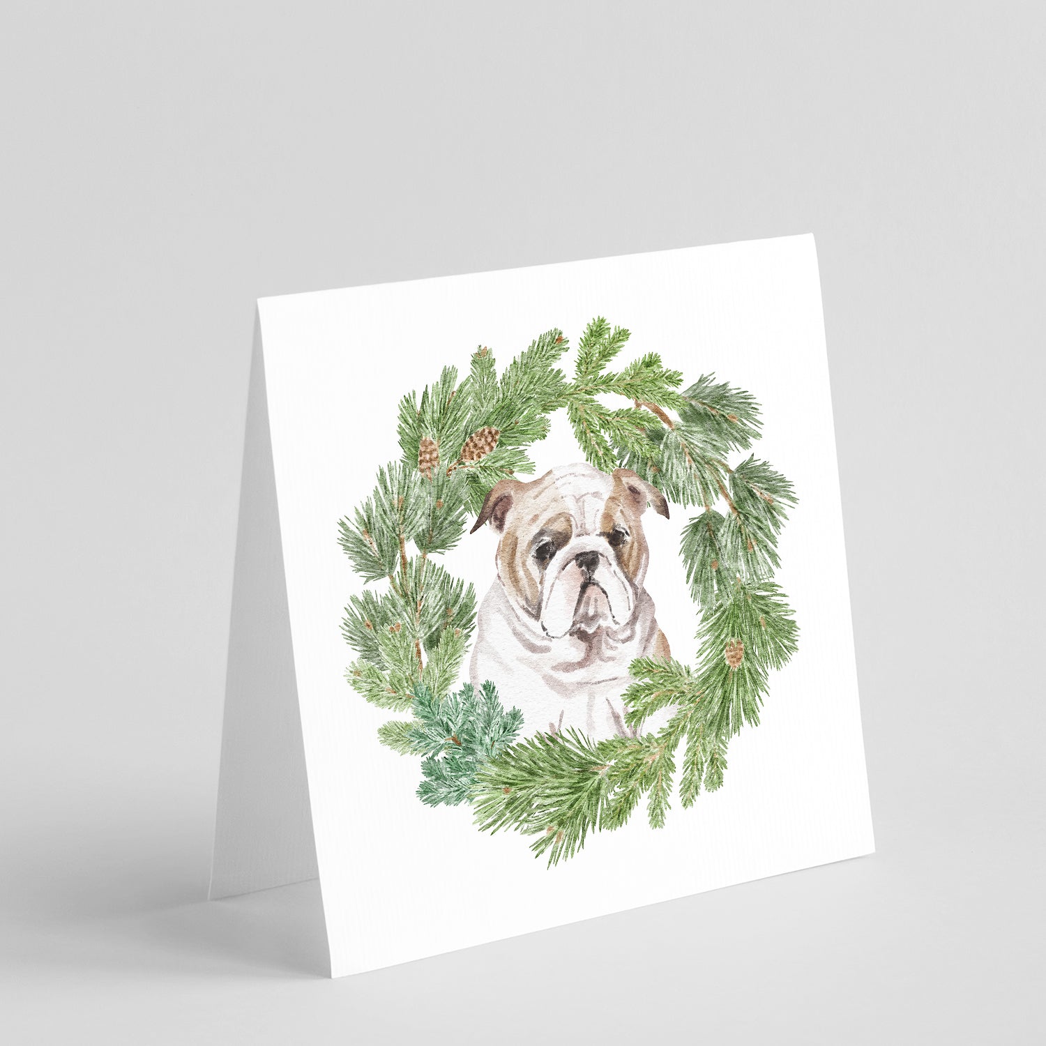 Bulldog Puppy Fawn Christmas Wreath Square Greeting Cards and Envelopes Pack of 8 Blank Cards with Envelopes Blank Thank You Note Greeting Cards Stationery