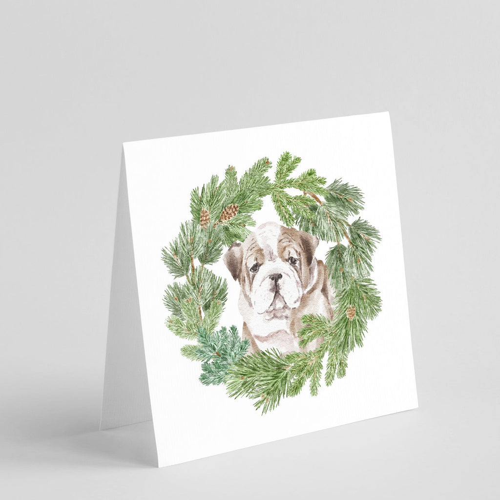 Bulldog Puppy Fawn Brindle Christmas Wreath Square Greeting Cards and Envelopes Pack of 8 Blank Cards with Envelopes Blank Thank You Note Greeting Cards Stationery
