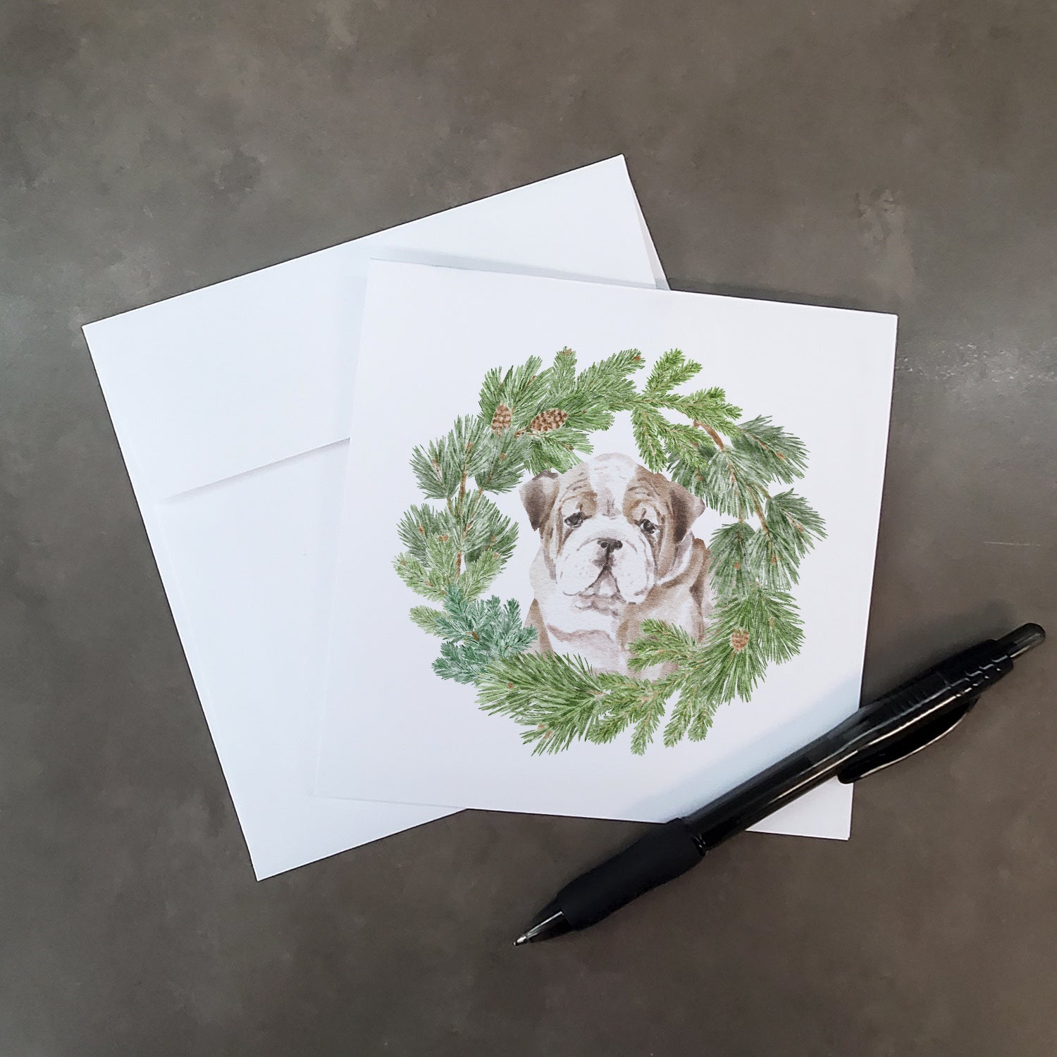 Bulldog Puppy Fawn Brindle Christmas Wreath Square Greeting Cards and Envelopes Pack of 8 Blank Cards with Envelopes Blank Thank You Note Greeting Cards Stationery