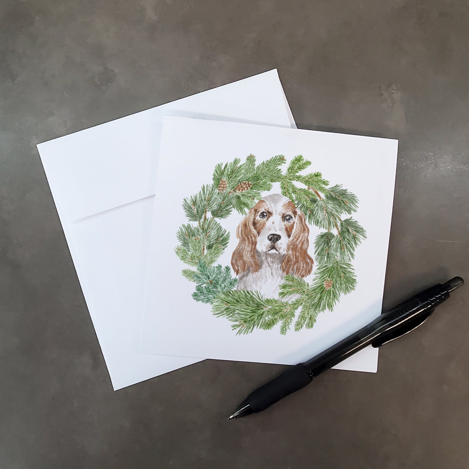 Cocker Spaniel Red and White Christmas Wreath Square Greeting Cards and Envelopes Pack of 8 Blank Cards with Envelopes Blank Thank You Note Greeting Cards Stationery