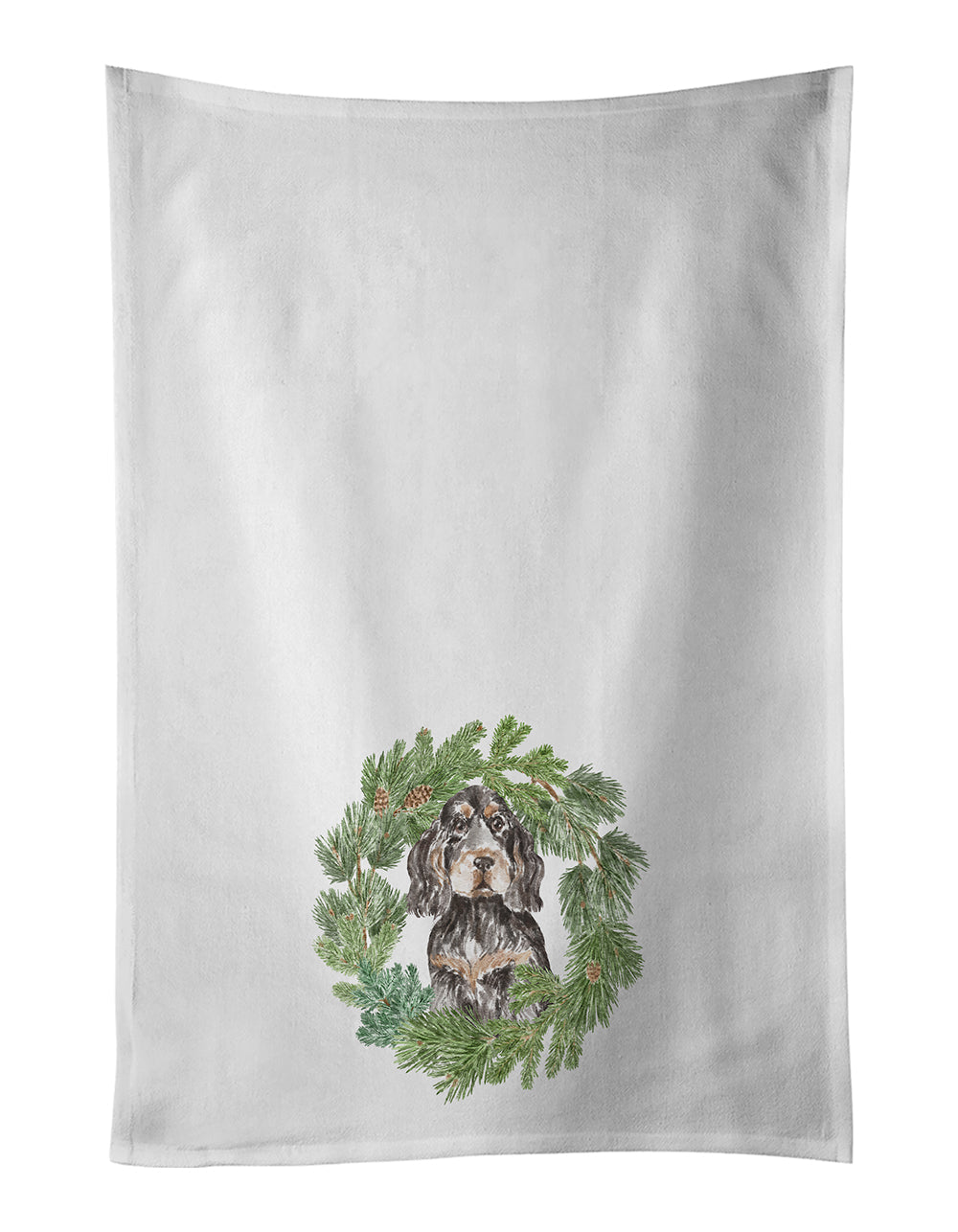Cocker Spaniel Black Tan Christmas Wreath Kitchen Towel Set of 2 White Dish Towels Decorative Bathroom Hand towel for Hand, Face, Hair, Yoga, Tea, Dishcloth, 19 X 28", White