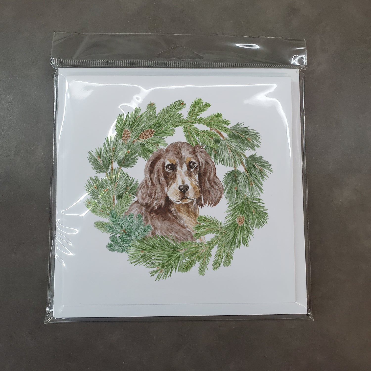 Cocker Spaniel Liver and Tan Christmas Wreath Square Greeting Cards and Envelopes Pack of 8 Blank Cards with Envelopes Blank Thank You Note Greeting Cards Stationery