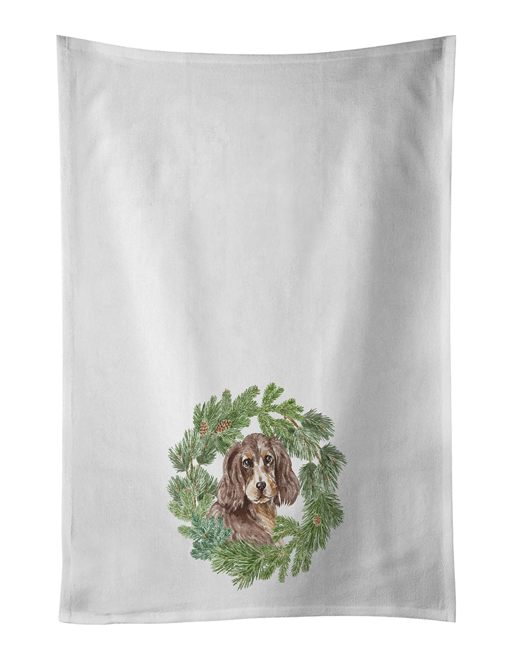 Cocker Spaniel Liver and Tan Christmas Wreath Kitchen Towel Set of 2 White Dish Towels Decorative Bathroom Hand towel for Hand, Face, Hair, Yoga, Tea, Dishcloth, 19 X 28", White