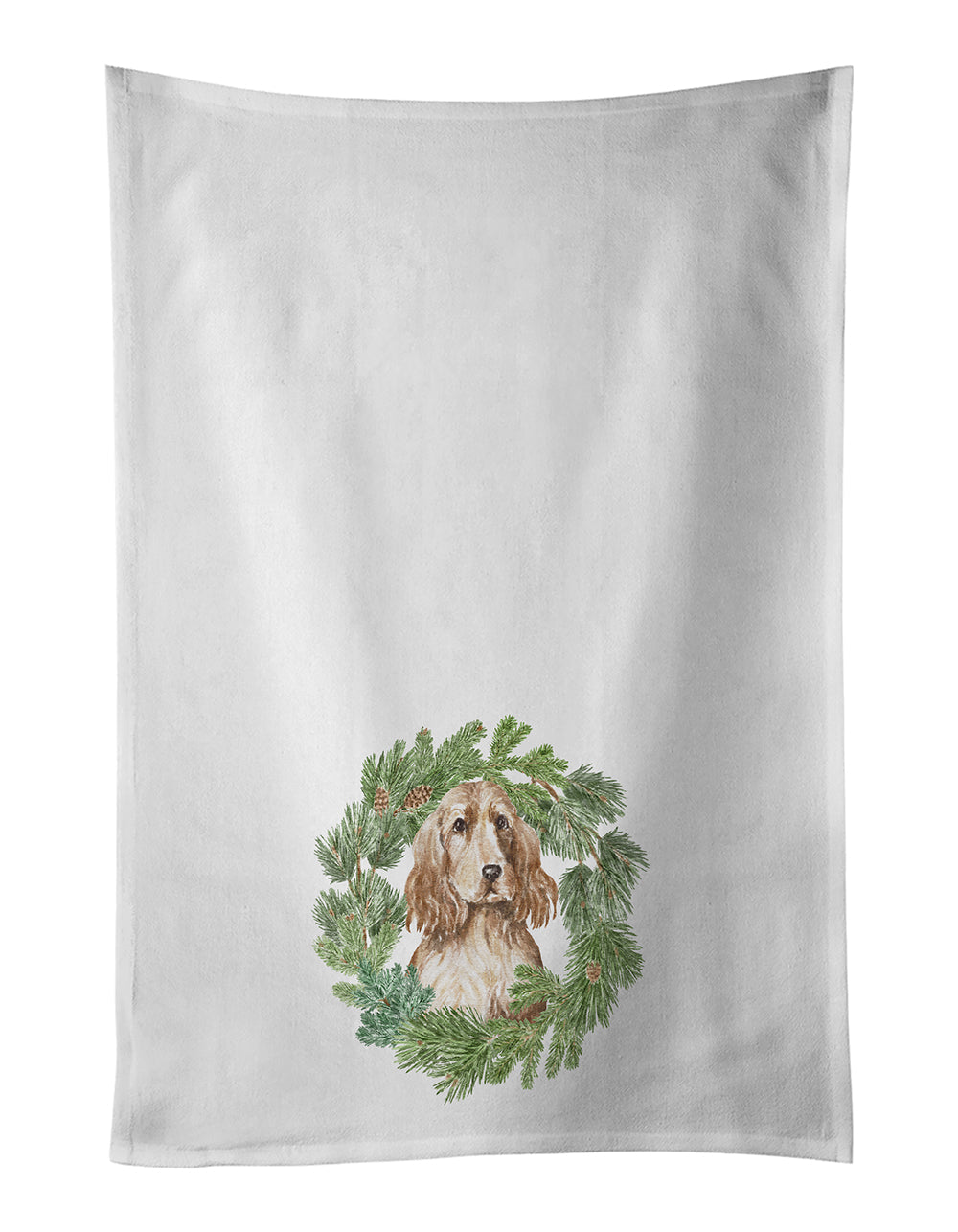 Cocker Spaniel Golden Christmas Wreath Kitchen Towel Set of 2 White Dish Towels Decorative Bathroom Hand towel for Hand, Face, Hair, Yoga, Tea, Dishcloth, 19 X 28", White