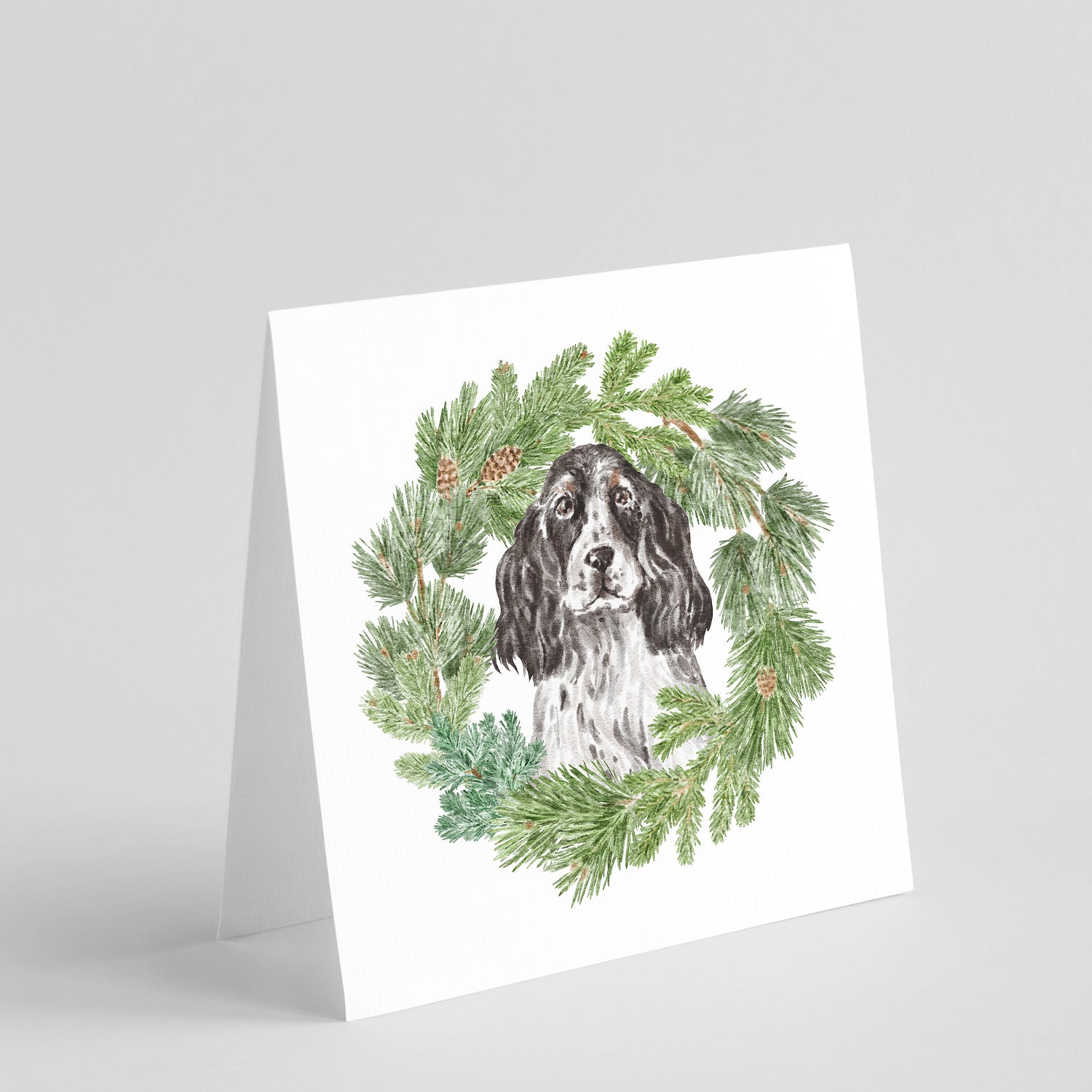 Cocker Spaniel Black and White Ticked Christmas Wreath Square Greeting Cards and Envelopes Pack of 8 Blank Cards with Envelopes Blank Thank You Note Greeting Cards Stationery