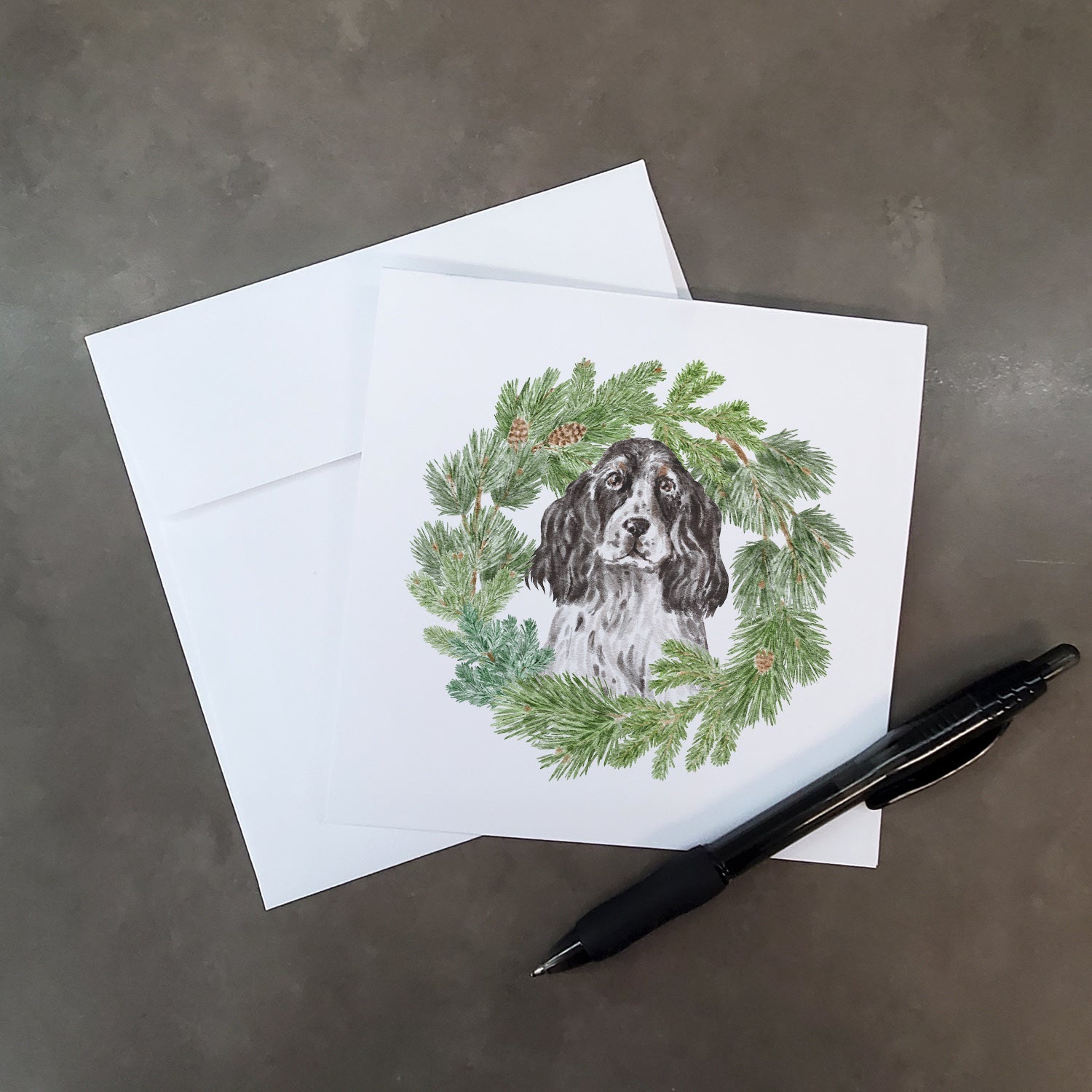 Cocker Spaniel Black and White Ticked Christmas Wreath Square Greeting Cards and Envelopes Pack of 8 Blank Cards with Envelopes Blank Thank You Note Greeting Cards Stationery