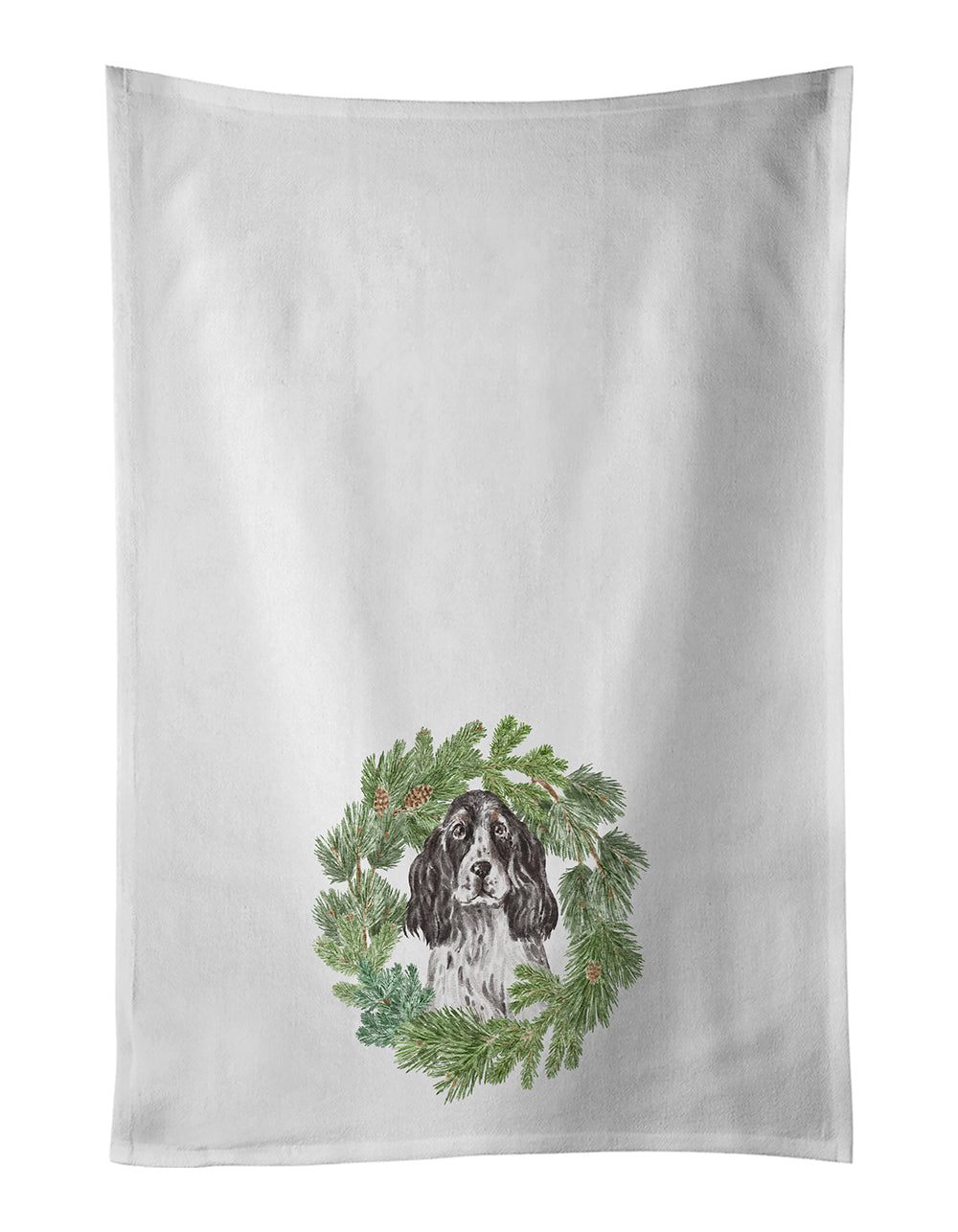 Cocker Spaniel Black and White Ticked Christmas Wreath Kitchen Towel Set of 2 White Dish Towels Decorative Bathroom Hand towel for Hand, Face, Hair, Yoga, Tea, Dishcloth, 19 X 28", White