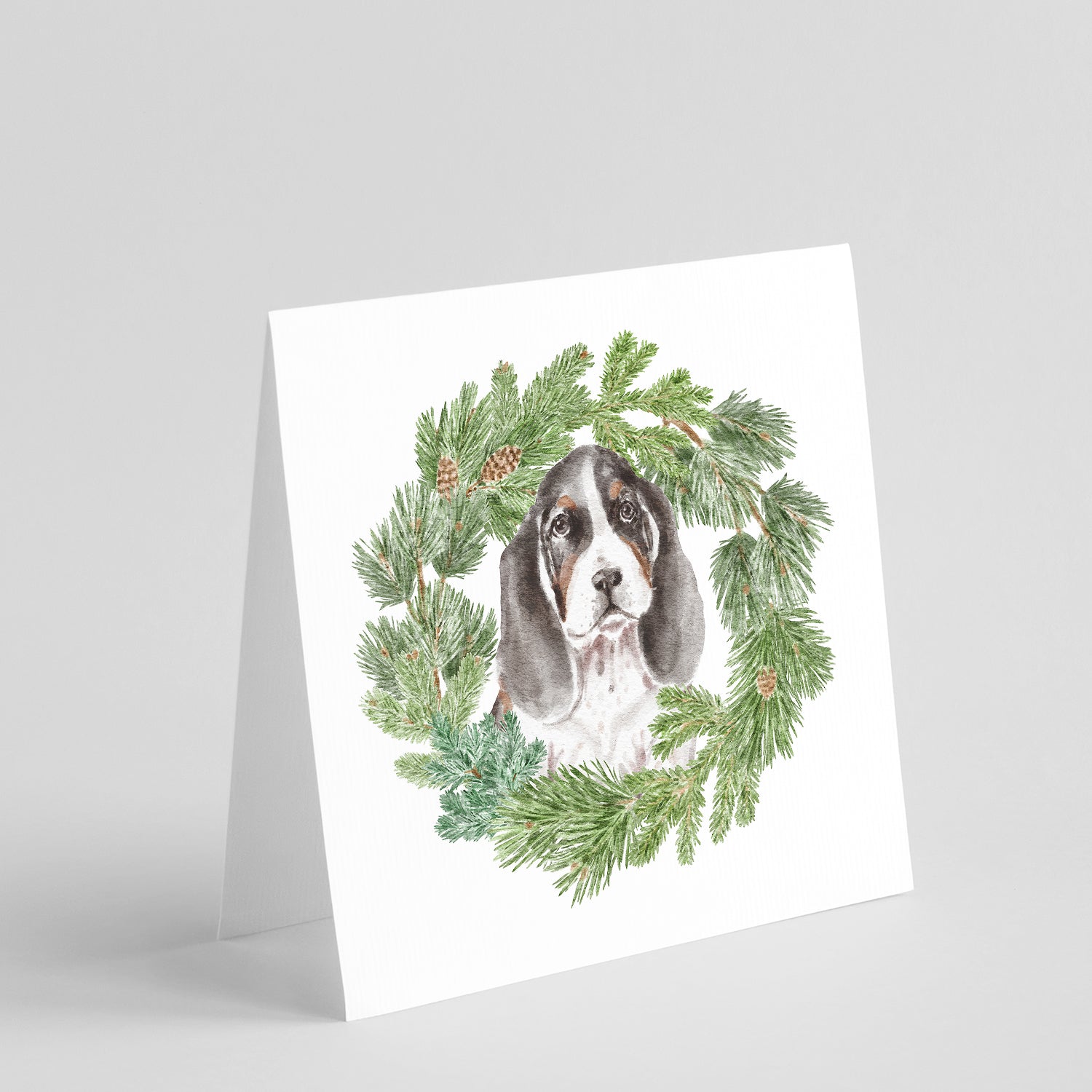 Basset Hound Puppy Tricolor Christmas Wreath Square Greeting Cards and Envelopes Pack of 8 Blank Cards with Envelopes Blank Thank You Note Greeting Cards Stationery