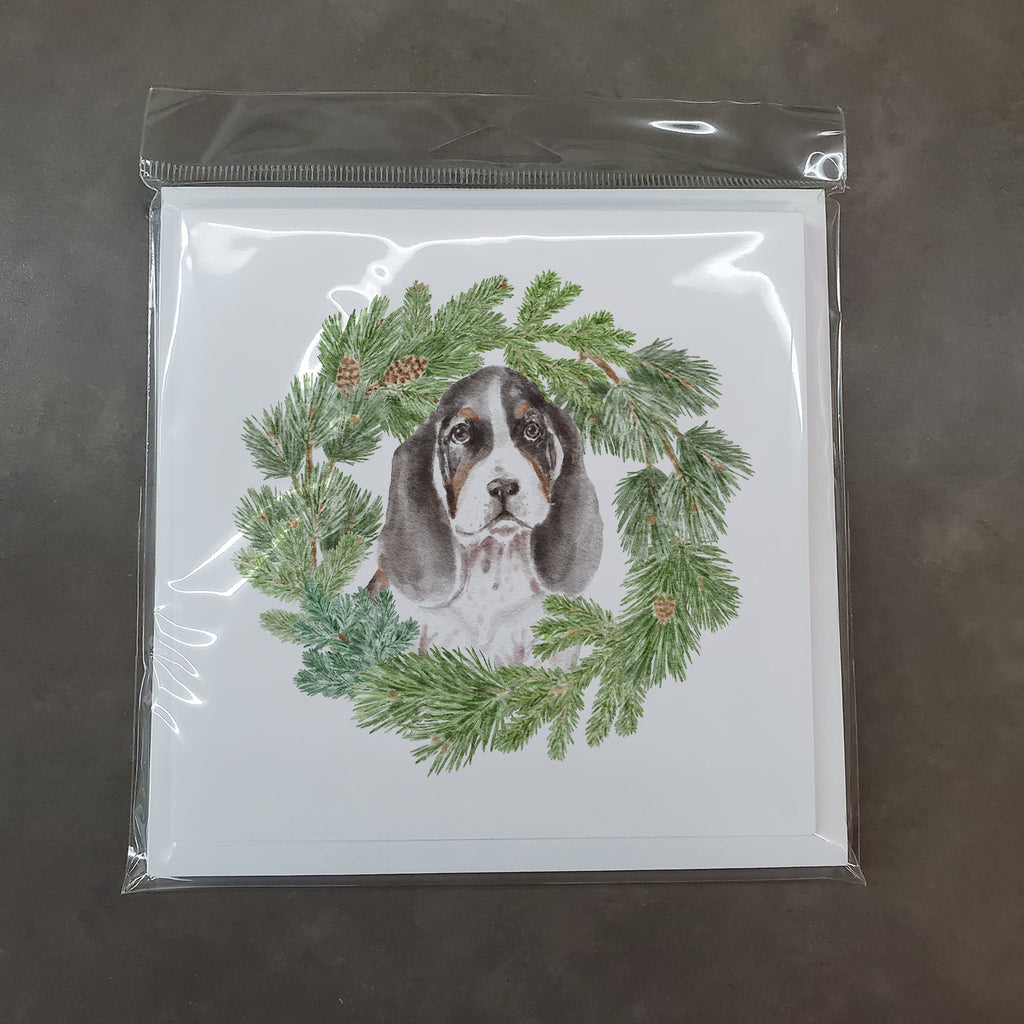 Basset Hound Puppy Tricolor Christmas Wreath Square Greeting Cards and Envelopes Pack of 8 Blank Cards with Envelopes Blank Thank You Note Greeting Cards Stationery