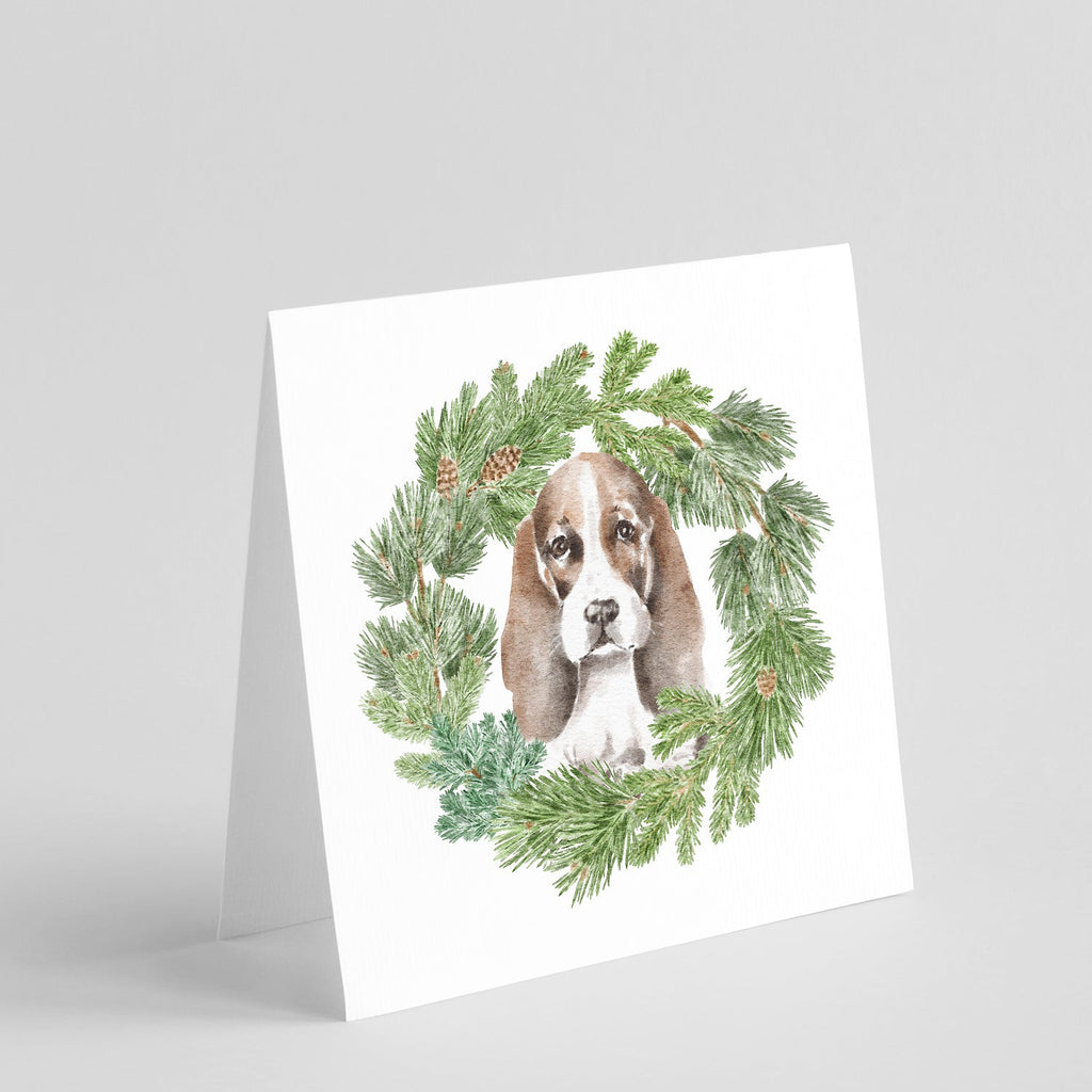 Basset Hound Puppy Brown White and Black Christmas Wreath Square Greeting Cards and Envelopes Pack of 8 Blank Cards with Envelopes Blank Thank You Note Greeting Cards Stationery