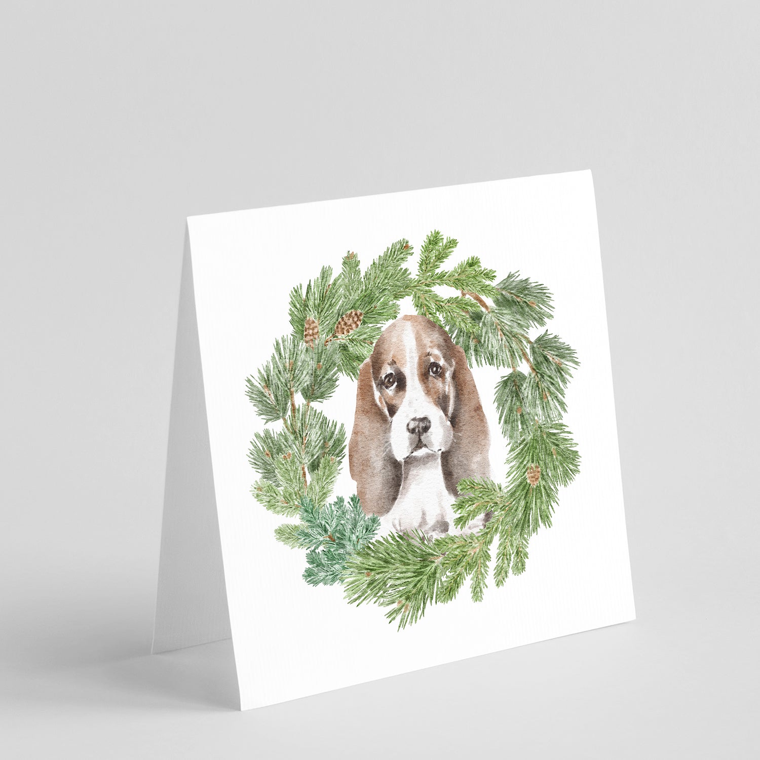 Basset Hound Puppy Brown White and Black Christmas Wreath Square Greeting Cards and Envelopes Pack of 8 Blank Cards with Envelopes Blank Thank You Note Greeting Cards Stationery
