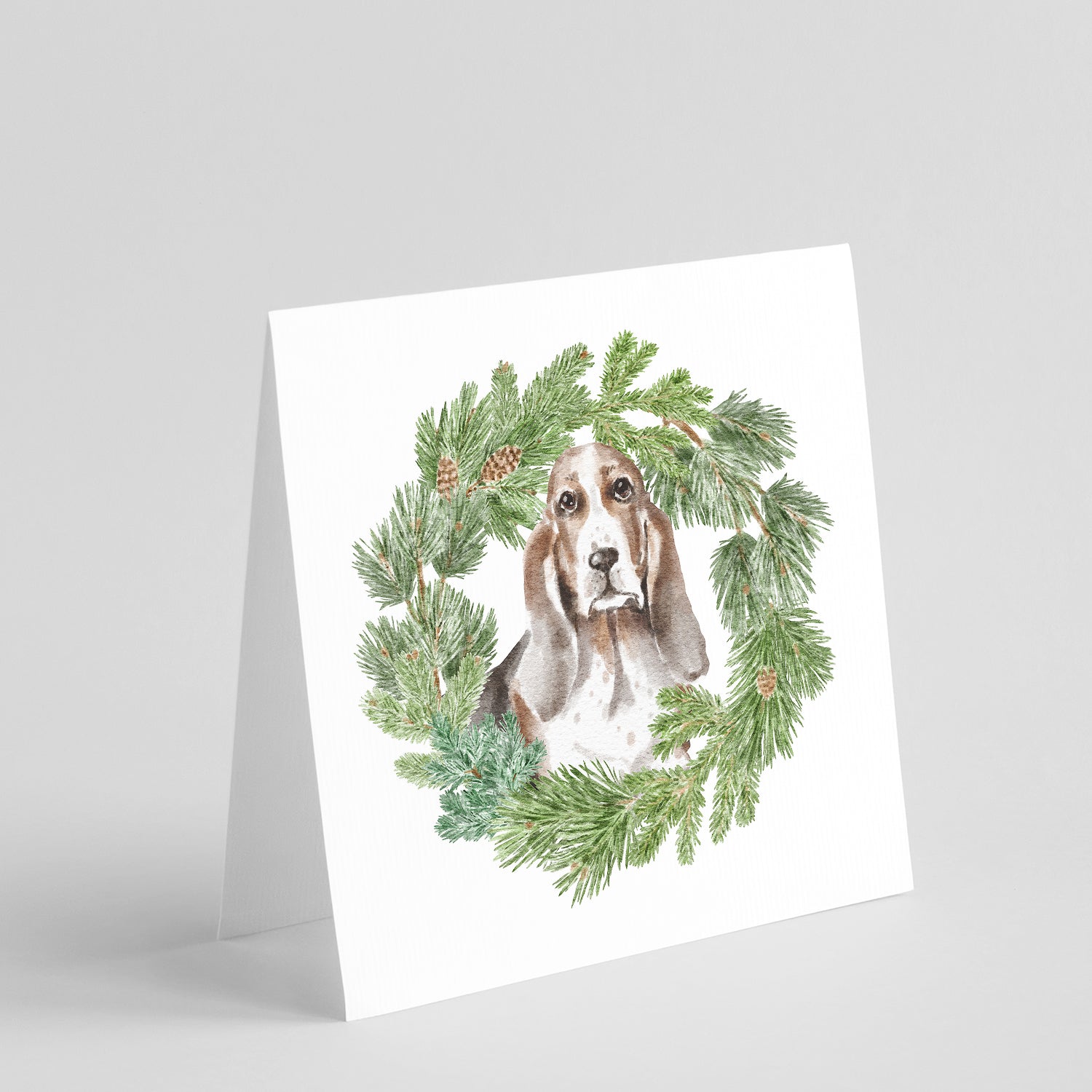 Basset Hound Tricolor Christmas Wreath Square Greeting Cards and Envelopes Pack of 8 Blank Cards with Envelopes Blank Thank You Note Greeting Cards Stationery