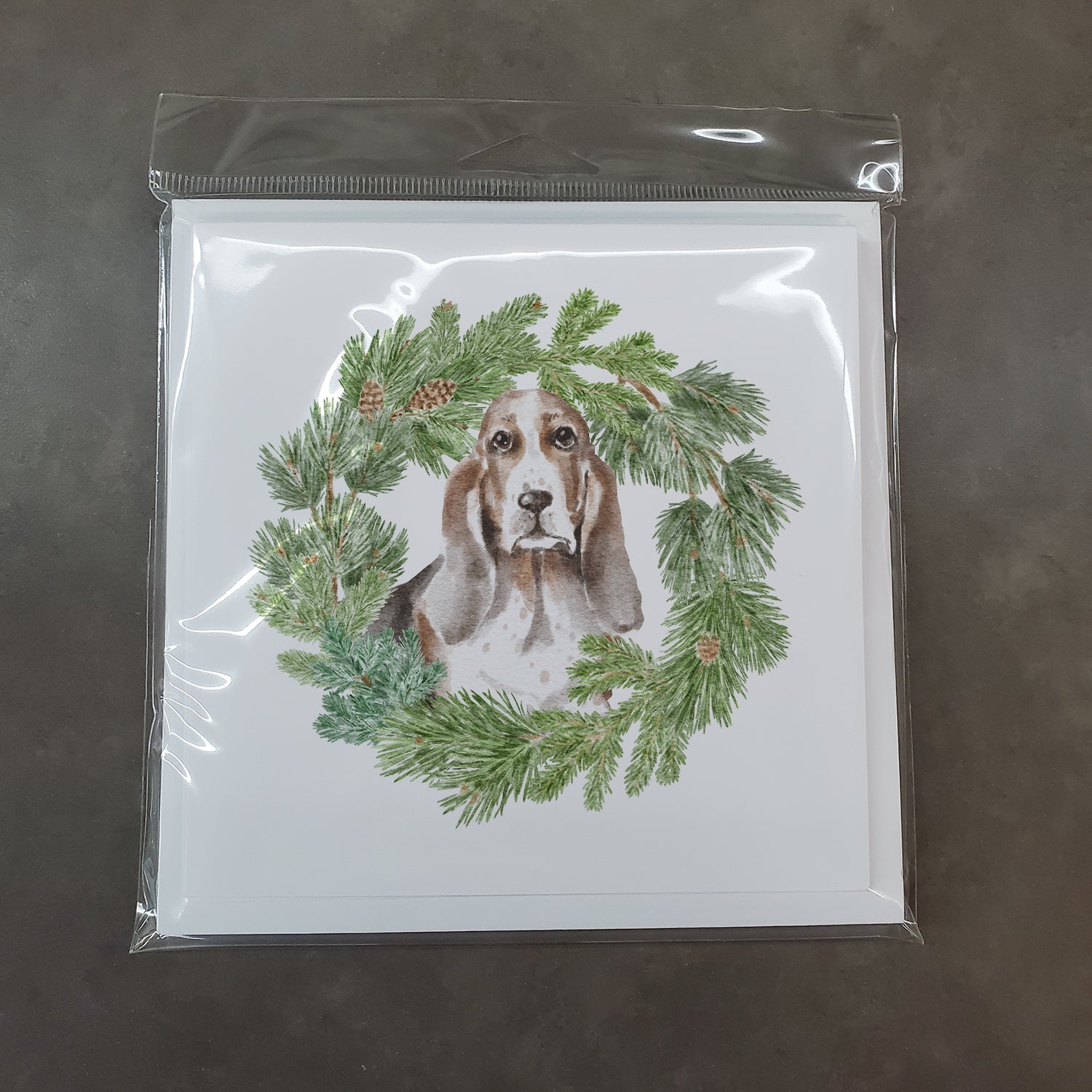 Basset Hound Tricolor Christmas Wreath Square Greeting Cards and Envelopes Pack of 8 Blank Cards with Envelopes Blank Thank You Note Greeting Cards Stationery