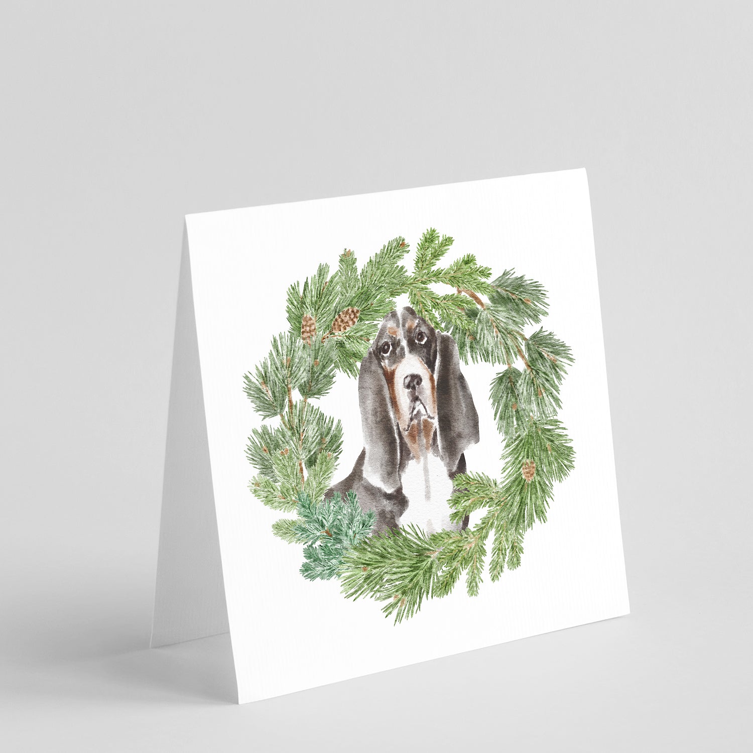 Basset Hound Black White Brown Christmas Wreath Square Greeting Cards and Envelopes Pack of 8 Blank Cards with Envelopes Blank Thank You Note Greeting Cards Stationery