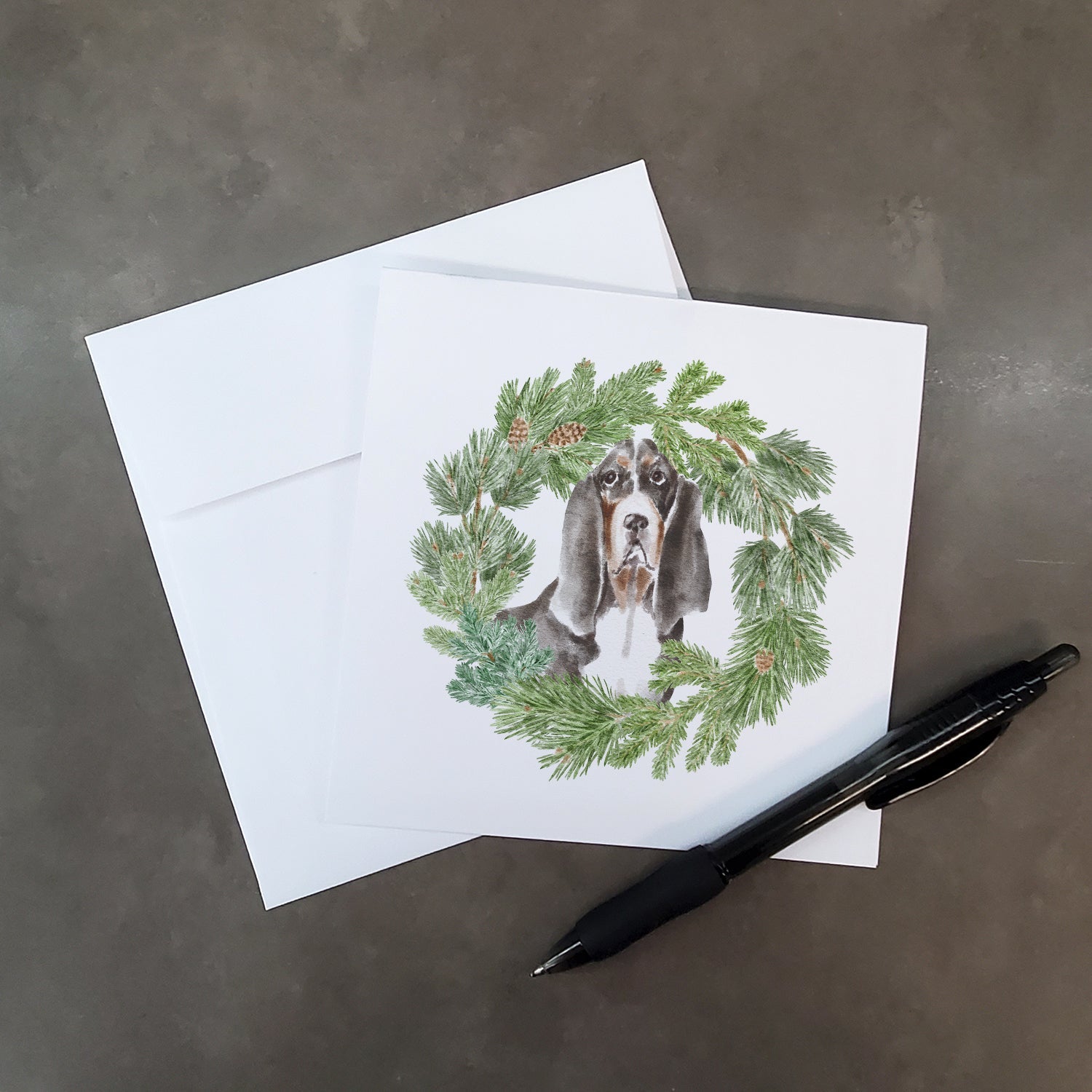 Basset Hound Black White Brown Christmas Wreath Square Greeting Cards and Envelopes Pack of 8 Blank Cards with Envelopes Blank Thank You Note Greeting Cards Stationery