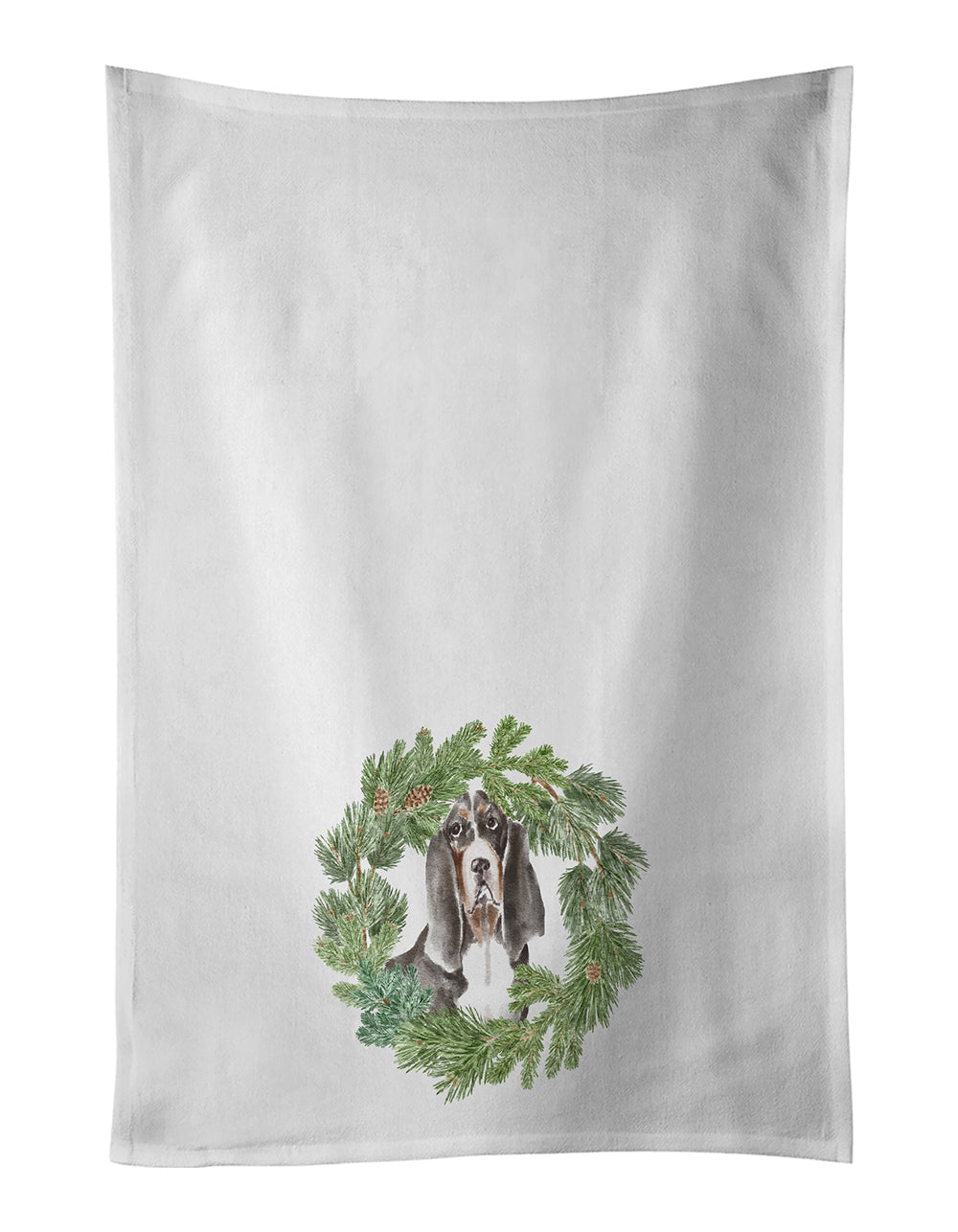 Basset Hound Black White Brown Christmas Wreath Kitchen Towel Set of 2 White Dish Towels Decorative Bathroom Hand towel for Hand, Face, Hair, Yoga, Tea, Dishcloth, 19 X 28", White