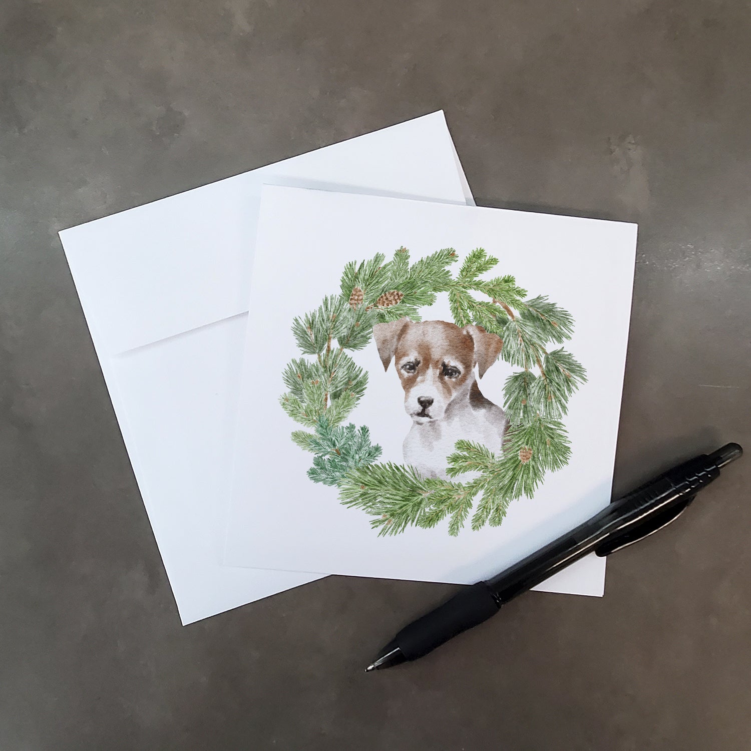 Jack Russell Terrier Puppy Tricolor Christmas Wreath Square Greeting Cards and Envelopes Pack of 8 Blank Cards with Envelopes Blank Thank You Note Greeting Cards Stationery