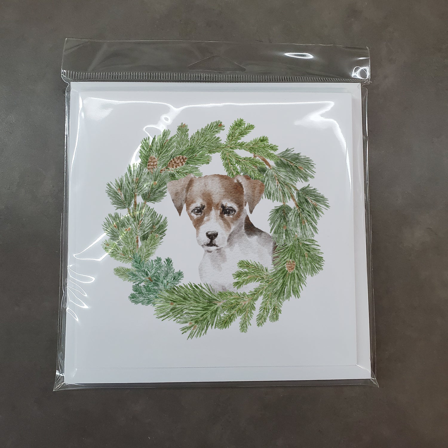 Jack Russell Terrier Puppy Tricolor Christmas Wreath Square Greeting Cards and Envelopes Pack of 8 Blank Cards with Envelopes Blank Thank You Note Greeting Cards Stationery