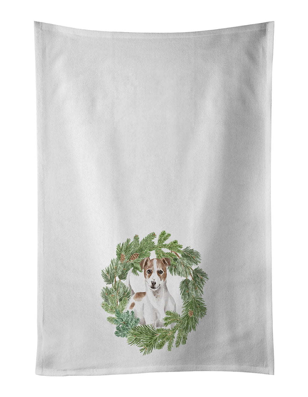 Jack Russell Terrier Chestnut and White Christmas Wreath Kitchen Towel Set of 2 White Dish Towels Decorative Bathroom Hand towel for Hand, Face, Hair, Yoga, Tea, Dishcloth, 19 X 28", White