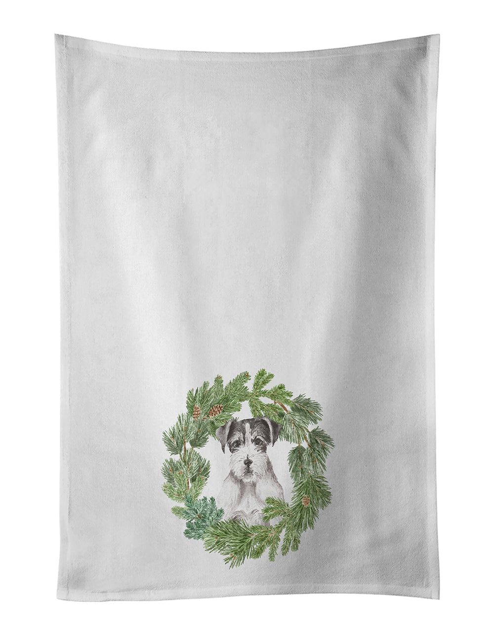 Jack Russell Terrier Black and White Wirehaired Christmas Wreath Kitchen Towel Set of 2 White Dish Towels Decorative Bathroom Hand towel for Hand, Face, Hair, Yoga, Tea, Dishcloth, 19 X 28", White