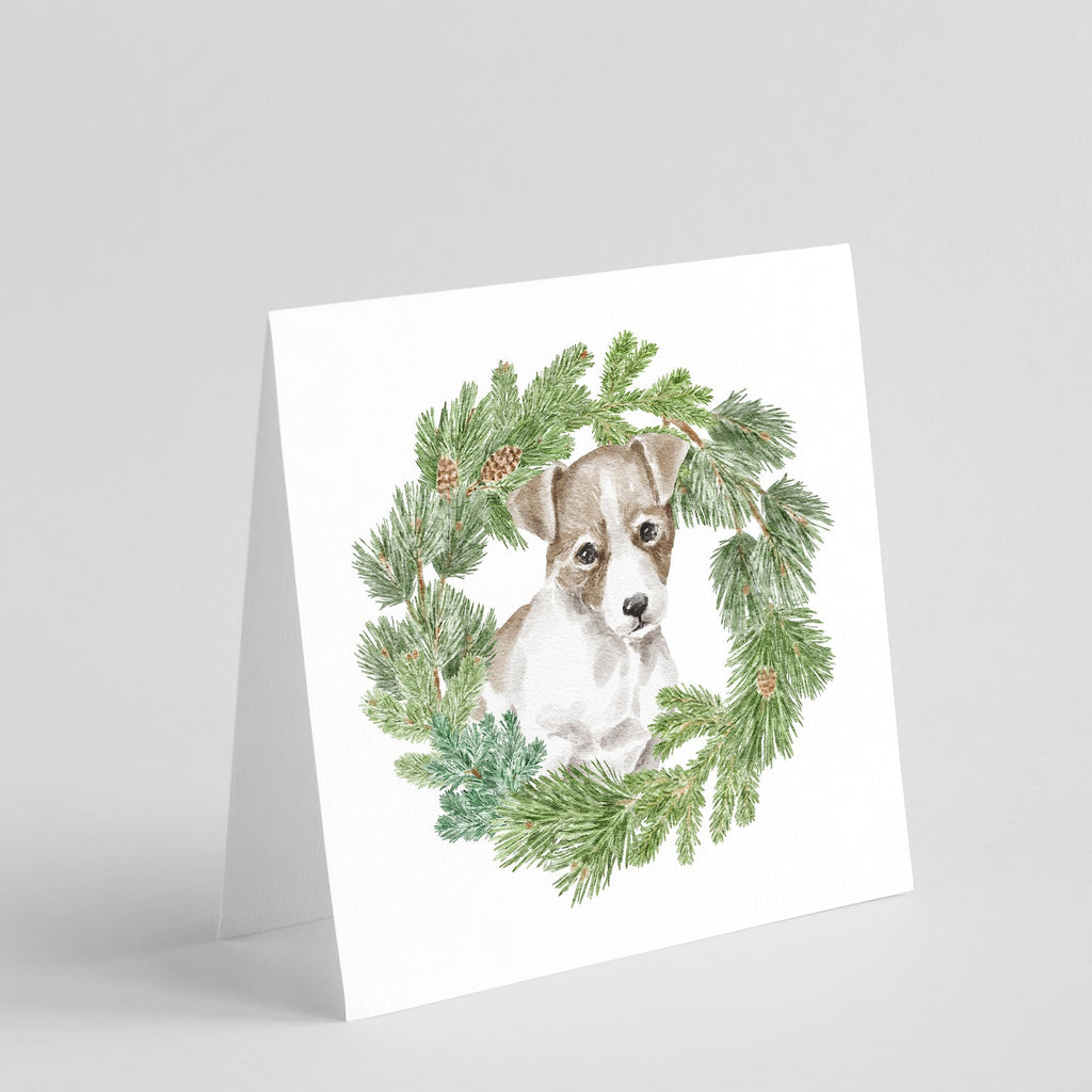 Jack Russell Terrier Puppy Chestnut and White Christmas Wreath Square Greeting Cards and Envelopes Pack of 8 Blank Cards with Envelopes Blank Thank You Note Greeting Cards Stationery