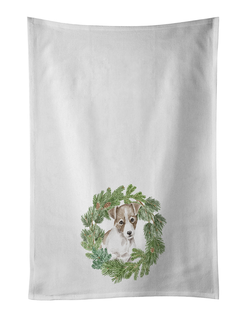 Jack Russell Terrier Puppy Chestnut and White Christmas Wreath Kitchen Towel Set of 2 White Dish Towels Decorative Bathroom Hand towel for Hand, Face, Hair, Yoga, Tea, Dishcloth, 19 X 28", White
