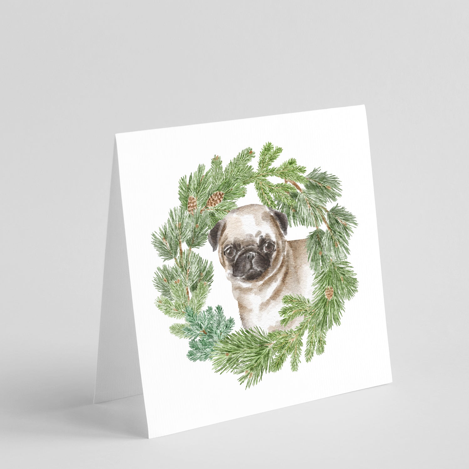 Pug Puppy Fawn Christmas Wreath Square Greeting Cards and Envelopes Pack of 8 Blank Cards with Envelopes Blank Thank You Note Greeting Cards Stationery