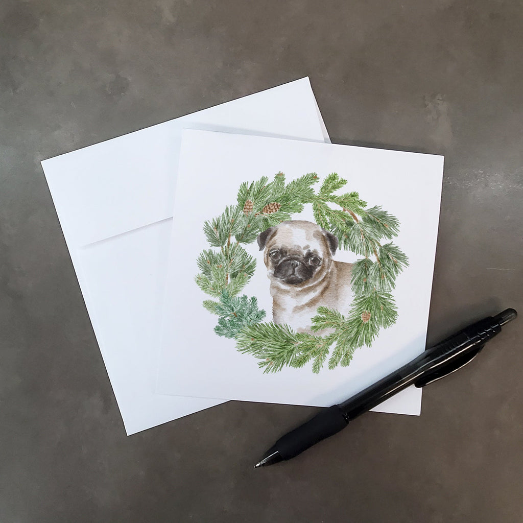 Pug Puppy Fawn Christmas Wreath Square Greeting Cards and Envelopes Pack of 8 Blank Cards with Envelopes Blank Thank You Note Greeting Cards Stationery