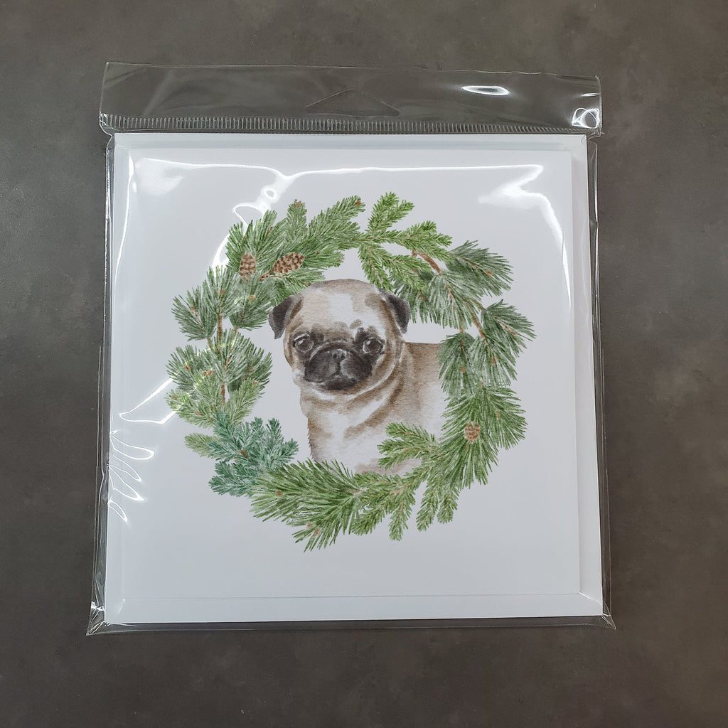 Pug Puppy Fawn Christmas Wreath Square Greeting Cards and Envelopes Pack of 8 Blank Cards with Envelopes Blank Thank You Note Greeting Cards Stationery