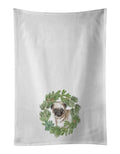 Pug Puppy Fawn Christmas Wreath Kitchen Towel Set of 2 White Dish Towels Decorative Bathroom Hand towel for Hand, Face, Hair, Yoga, Tea, Dishcloth, 19 X 28", White