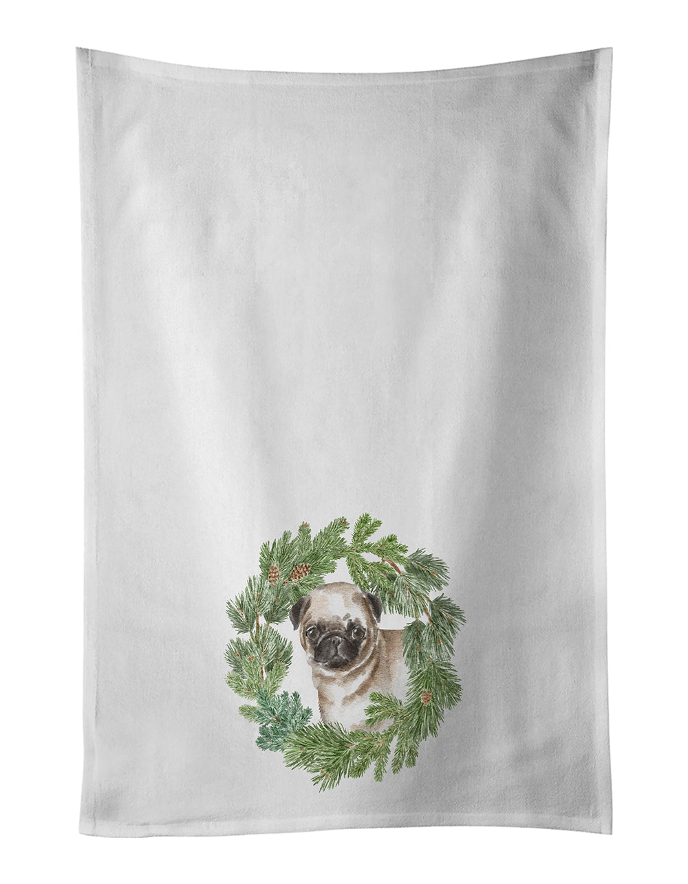 Pug Puppy Fawn Christmas Wreath Kitchen Towel Set of 2 White Dish Towels Decorative Bathroom Hand towel for Hand, Face, Hair, Yoga, Tea, Dishcloth, 19 X 28", White