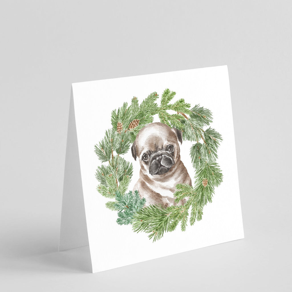 Pug Puppy Fawn Head Tilt Christmas Wreath Square Greeting Cards and Envelopes Pack of 8 Blank Cards with Envelopes Blank Thank You Note Greeting Cards Stationery
