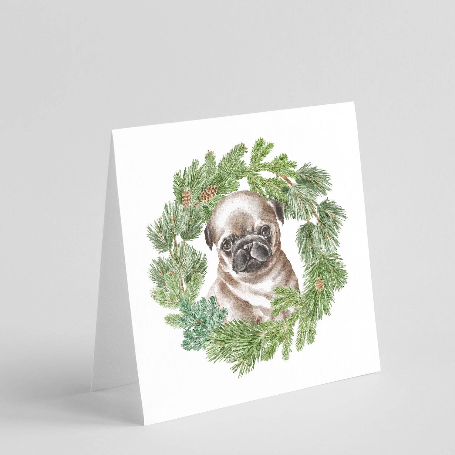 Pug Puppy Fawn Head Tilt Christmas Wreath Square Greeting Cards and Envelopes Pack of 8 Blank Cards with Envelopes Blank Thank You Note Greeting Cards Stationery