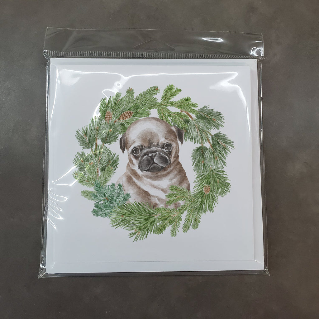 Pug Puppy Fawn Head Tilt Christmas Wreath Square Greeting Cards and Envelopes Pack of 8 Blank Cards with Envelopes Blank Thank You Note Greeting Cards Stationery