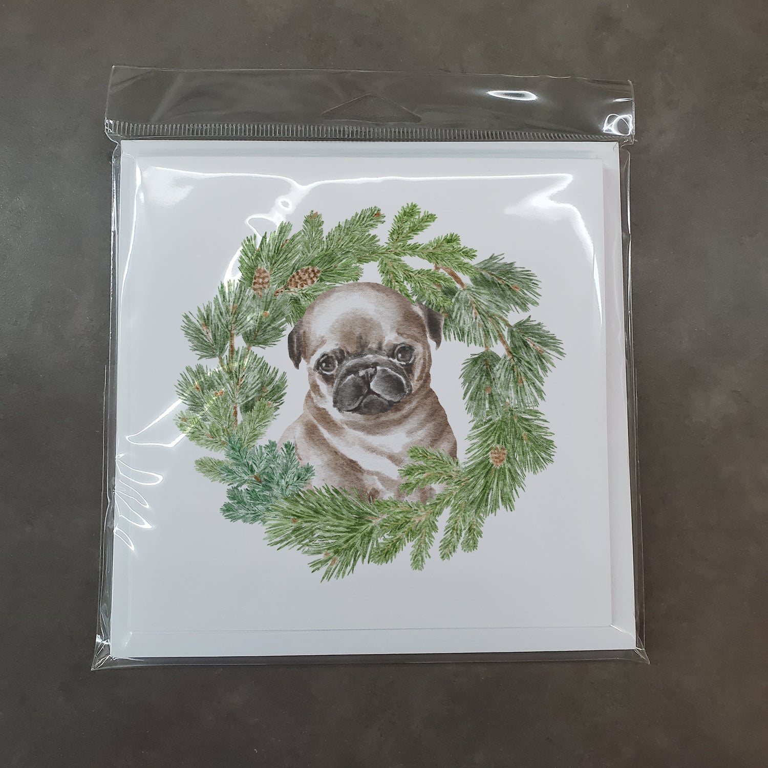 Pug Puppy Fawn Head Tilt Christmas Wreath Square Greeting Cards and Envelopes Pack of 8 Blank Cards with Envelopes Blank Thank You Note Greeting Cards Stationery