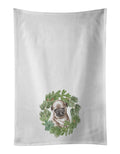 Pug Puppy Fawn Head Tilt Christmas Wreath Kitchen Towel Set of 2 White Dish Towels Decorative Bathroom Hand towel for Hand, Face, Hair, Yoga, Tea, Dishcloth, 19 X 28", White