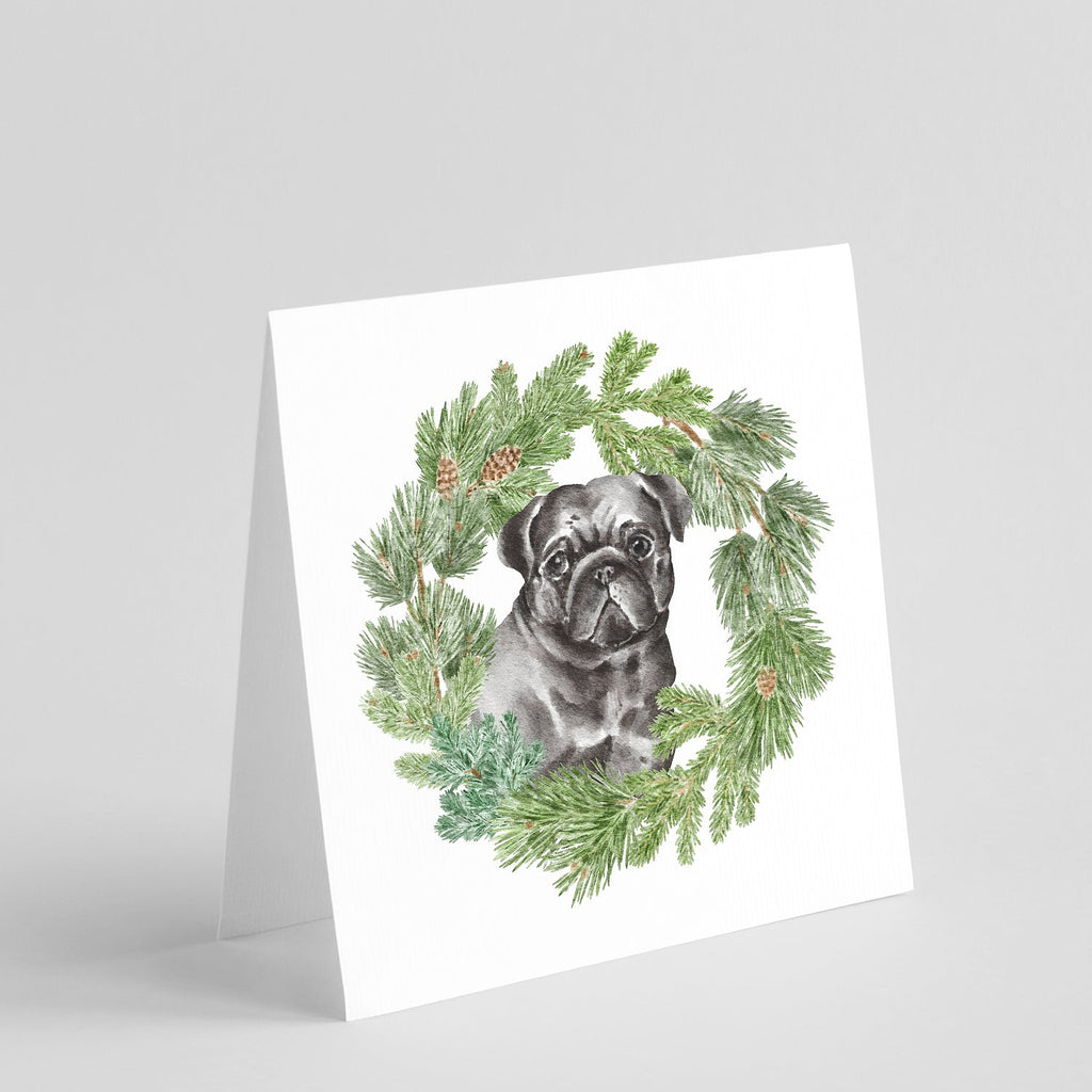 Pug Black Christmas Wreath Square Greeting Cards and Envelopes Pack of 8 Blank Cards with Envelopes Blank Thank You Note Greeting Cards Stationery
