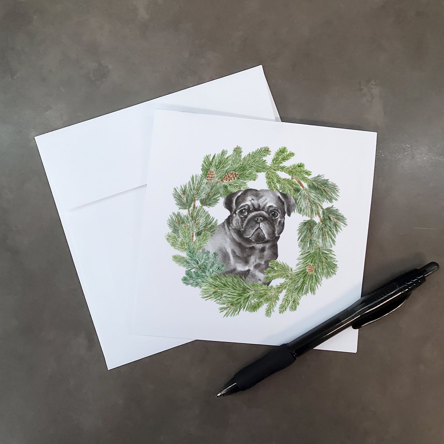 Pug Black Christmas Wreath Square Greeting Cards and Envelopes Pack of 8 Blank Cards with Envelopes Blank Thank You Note Greeting Cards Stationery