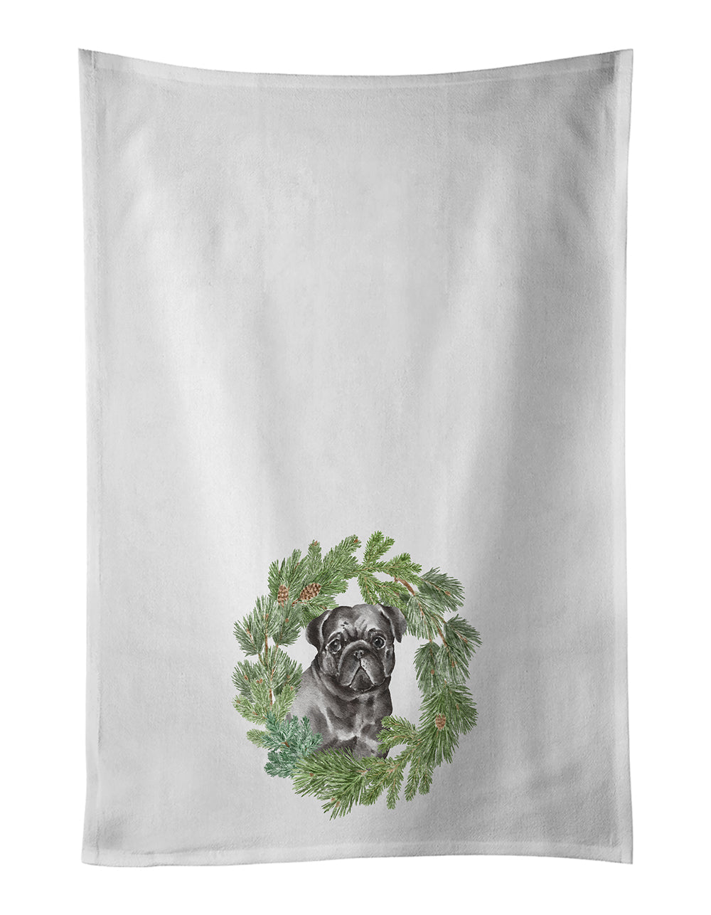Pug Black Christmas Wreath Kitchen Towel Set of 2 White Dish Towels Decorative Bathroom Hand towel for Hand, Face, Hair, Yoga, Tea, Dishcloth, 19 X 28", White