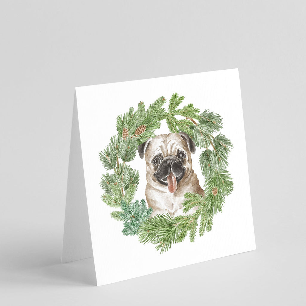 Pug Fawn Christmas Wreath Square Greeting Cards and Envelopes Pack of 8 Blank Cards with Envelopes Blank Thank You Note Greeting Cards Stationery