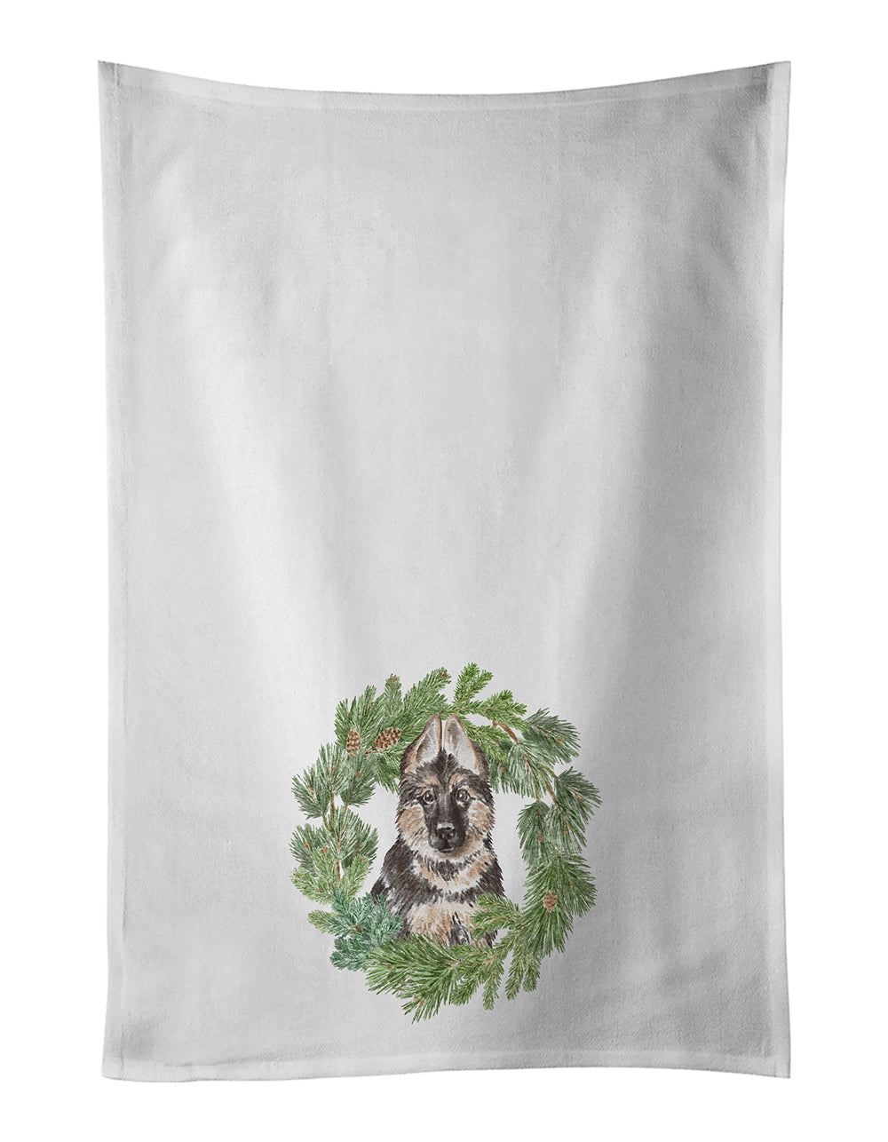 German Shepherd Puppy Christmas Wreath Kitchen Towel Set of 2 White Dish Towels Decorative Bathroom Hand towel for Hand, Face, Hair, Yoga, Tea, Dishcloth, 19 X 28", White