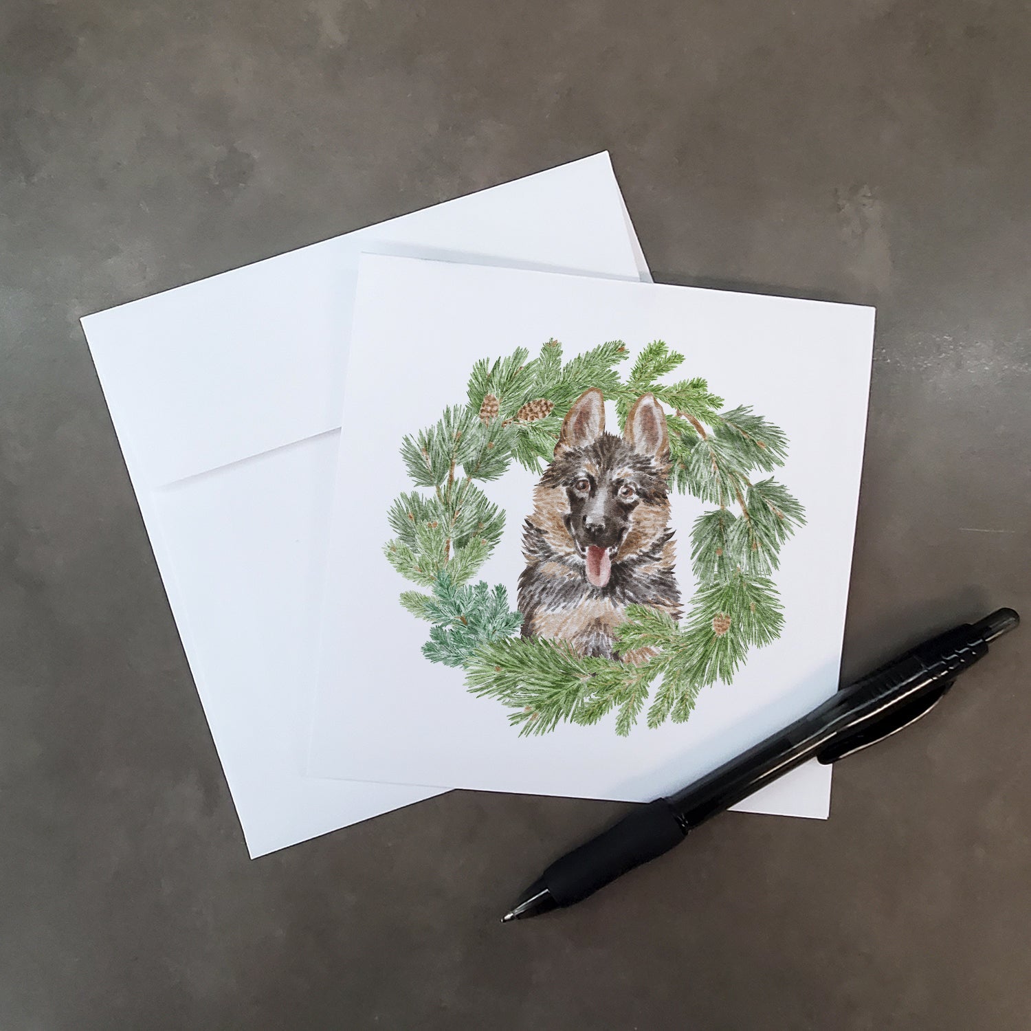 German Shepherd Puppy Smiling Christmas Wreath Square Greeting Cards and Envelopes Pack of 8 Blank Cards with Envelopes Blank Thank You Note Greeting Cards Stationery