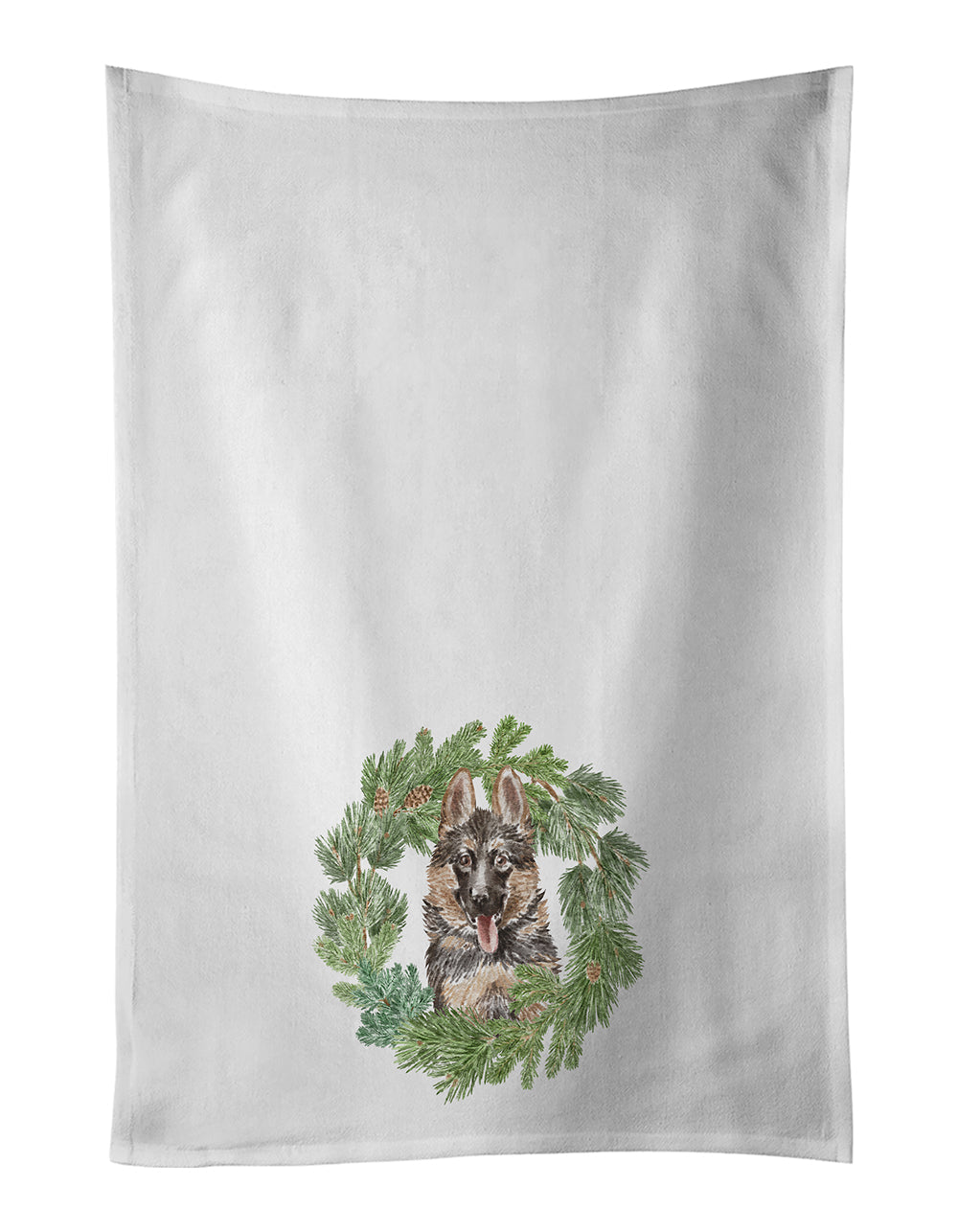 German Shepherd Puppy Smiling Christmas Wreath Kitchen Towel Set of 2 White Dish Towels Decorative Bathroom Hand towel for Hand, Face, Hair, Yoga, Tea, Dishcloth, 19 X 28", White