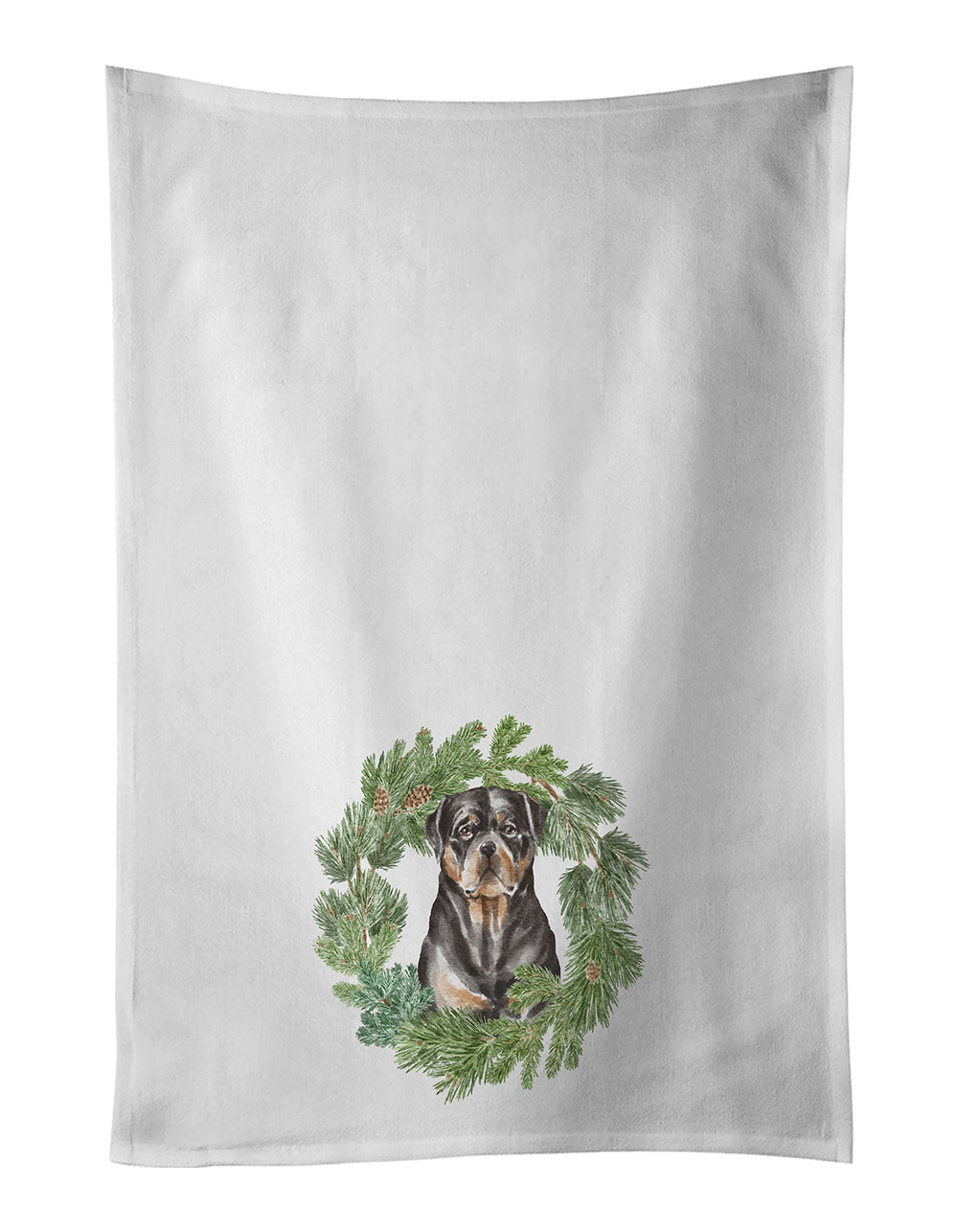 Rottweiler Sitting Tall Christmas Wreath Kitchen Towel Set of 2 White Dish Towels Decorative Bathroom Hand towel for Hand, Face, Hair, Yoga, Tea, Dishcloth, 19 X 28", White