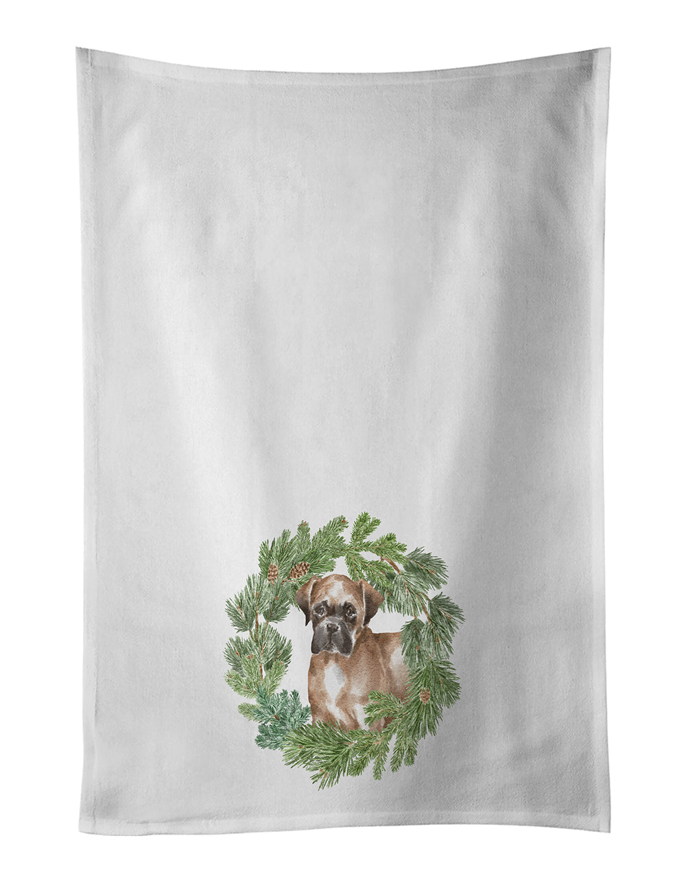 Boxer Puppy Fawn Christmas Wreath Kitchen Towel Set of 2 White Dish Towels Decorative Bathroom Hand towel for Hand, Face, Hair, Yoga, Tea, Dishcloth, 19 X 28", White