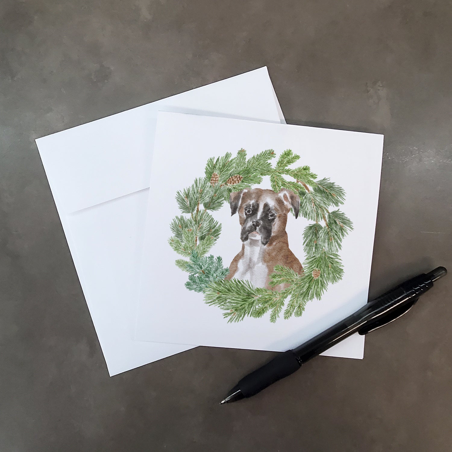 Boxer Fawn Christmas Wreath Square Greeting Cards and Envelopes Pack of 8 Blank Cards with Envelopes Blank Thank You Note Greeting Cards Stationery