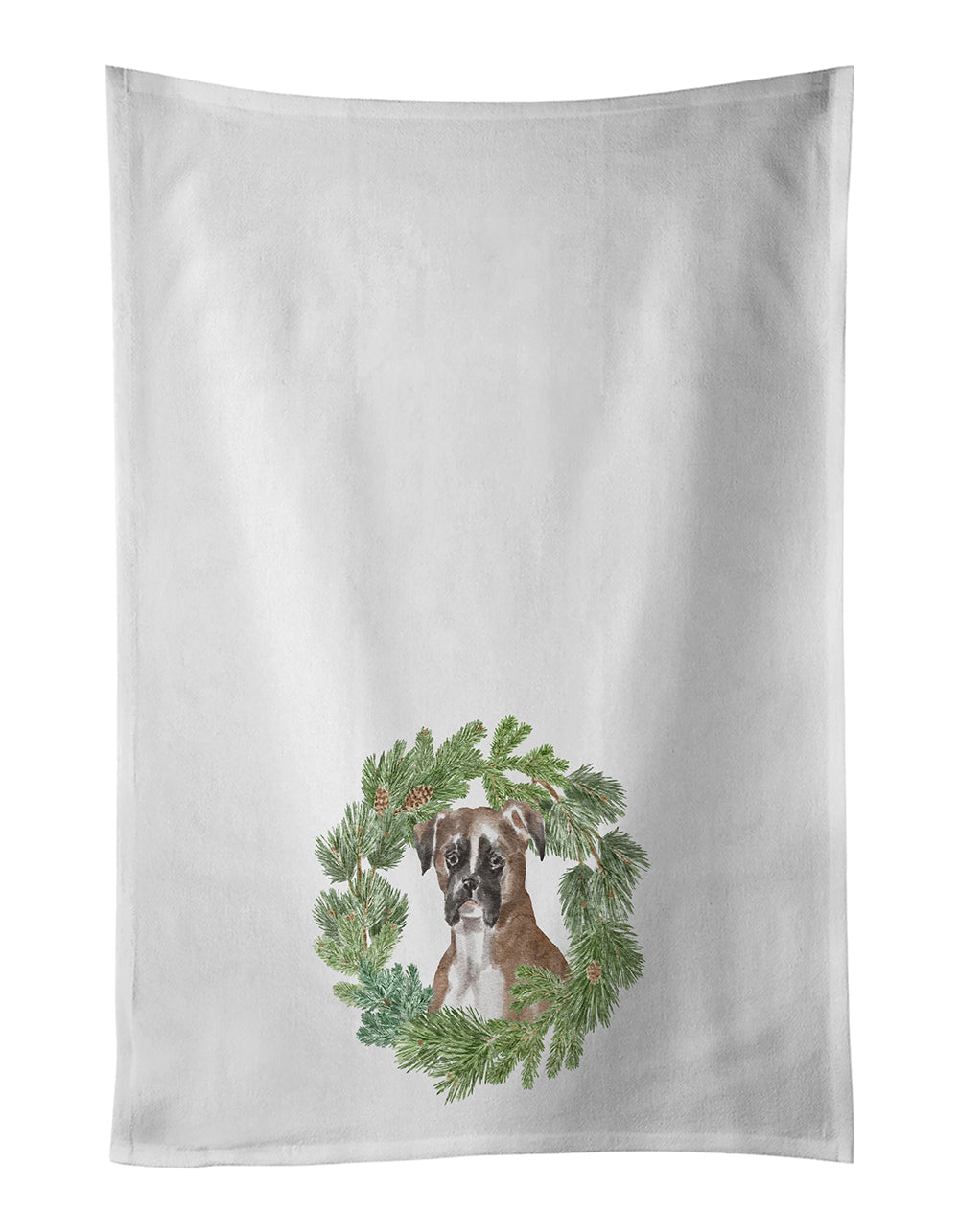 Boxer Fawn Christmas Wreath Kitchen Towel Set of 2 White Dish Towels Decorative Bathroom Hand towel for Hand, Face, Hair, Yoga, Tea, Dishcloth, 19 X 28", White