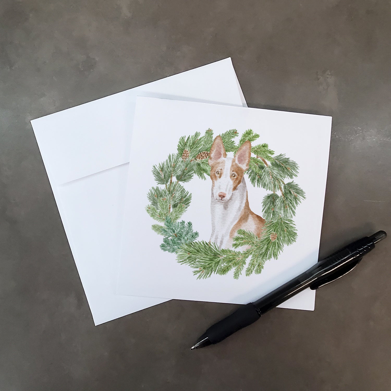 Ibizan Hound Sitting Tall Christmas Wreath Square Greeting Cards and Envelopes Pack of 8 Blank Cards with Envelopes Blank Thank You Note Greeting Cards Stationery